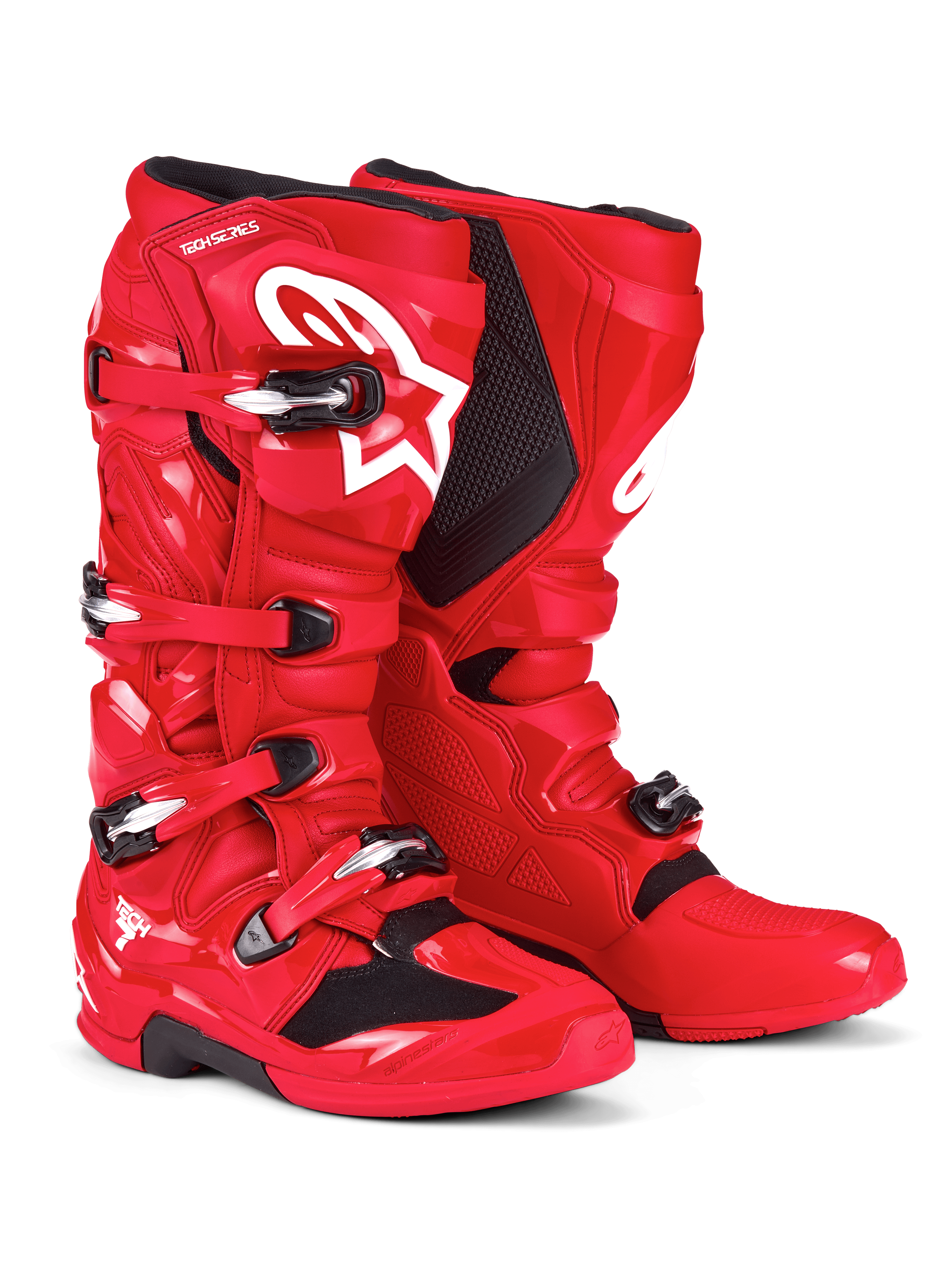 Alpinestars Tech 7 Boots, stivali da motocross, rosso acceso, con logo Astars bianco sullo stinco, sistema di chiusura con fibbie argento e nero e calotta protettiva in TPU per prestazioni off-road