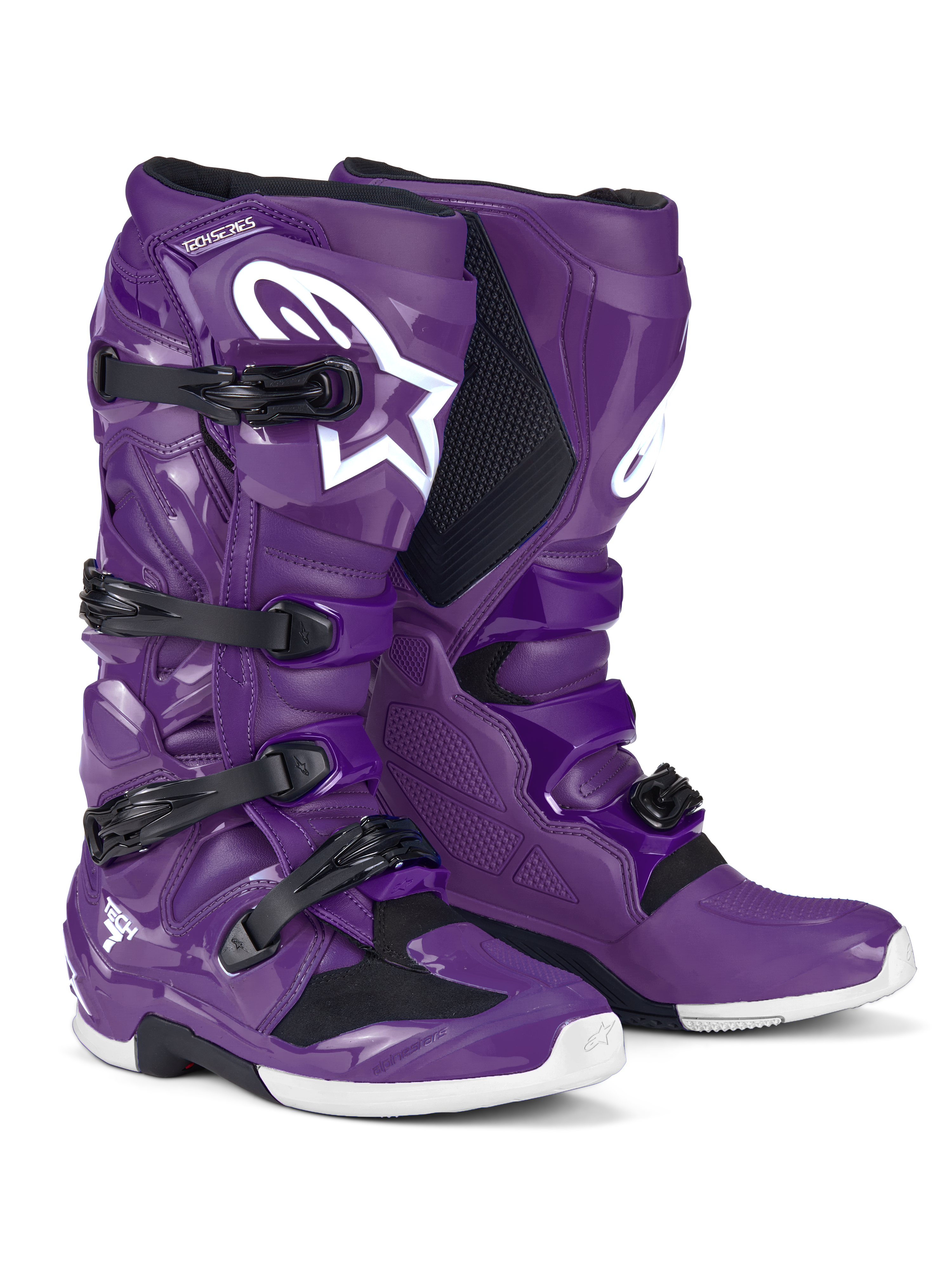 Stivali Alpinestars Tech 7, stivali da motocross, viola, con fibbie nere e un grande logo Astars bianco, design protettivo ad alte prestazioni con chiusura a quattro cinturini e guscio in TPU resistente per gare fuoristrada
