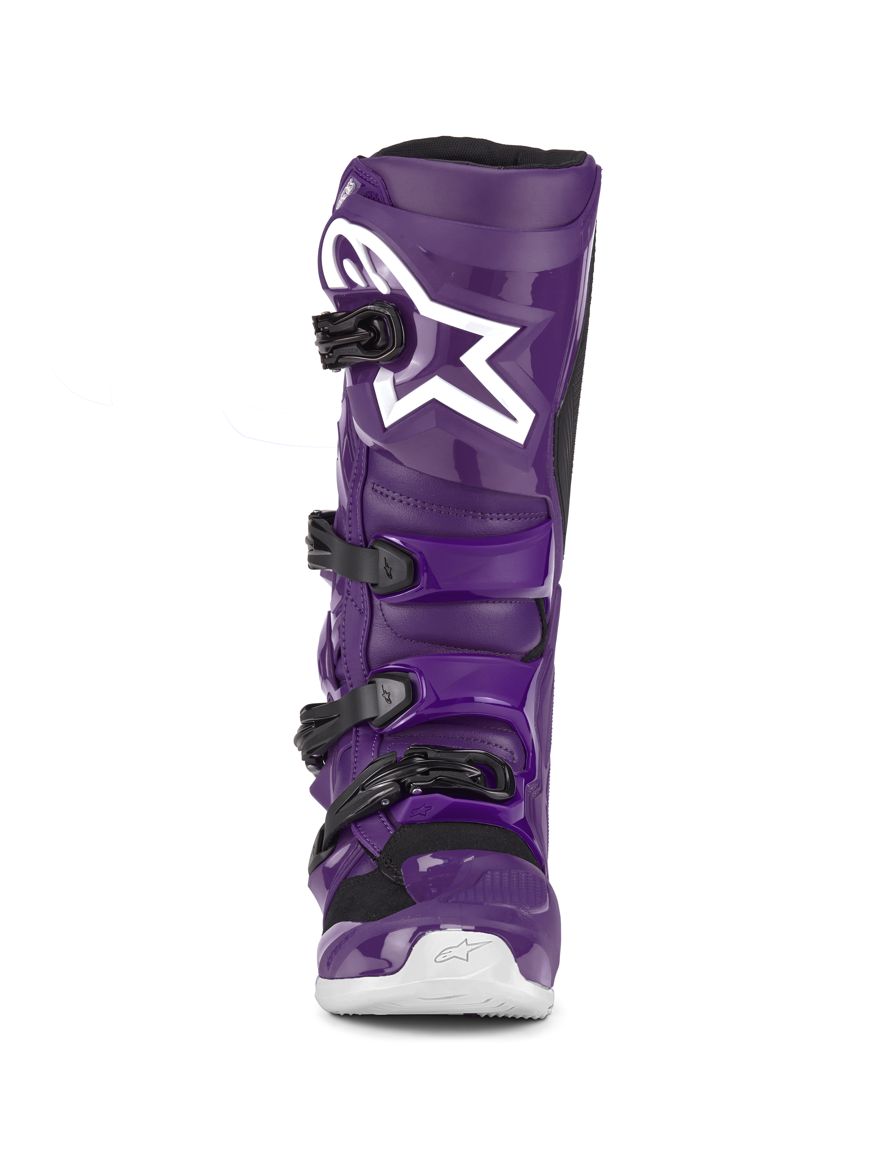 Stivali Alpinestars Tech 7, stivali da motocross viola, vista frontale, con quattro fibbie nere, logo Alpinestars bianco sulla placca tibiale, calotta in TPU resistente e costruzione sintetica per la protezione off-road