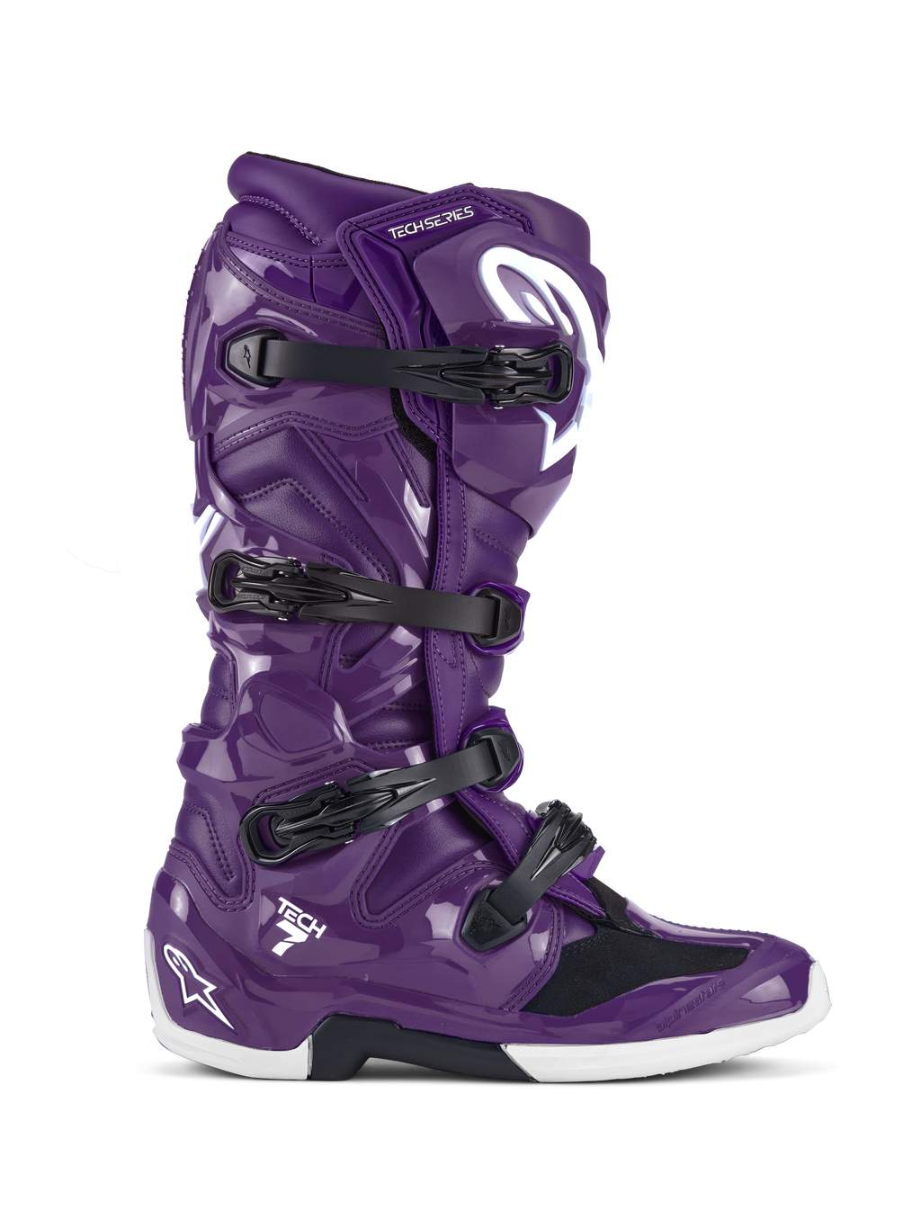 Alpinestars Tech 7 Boots, stivali da motocross fuoristrada, viola lucido con fibbie nere e dettagli bianchi, vista laterale, sistema di chiusura a quattro fibbie, logo a stella bianco su tallone e stinco, robusta costruzione in TPU per prestazioni fuoristrada