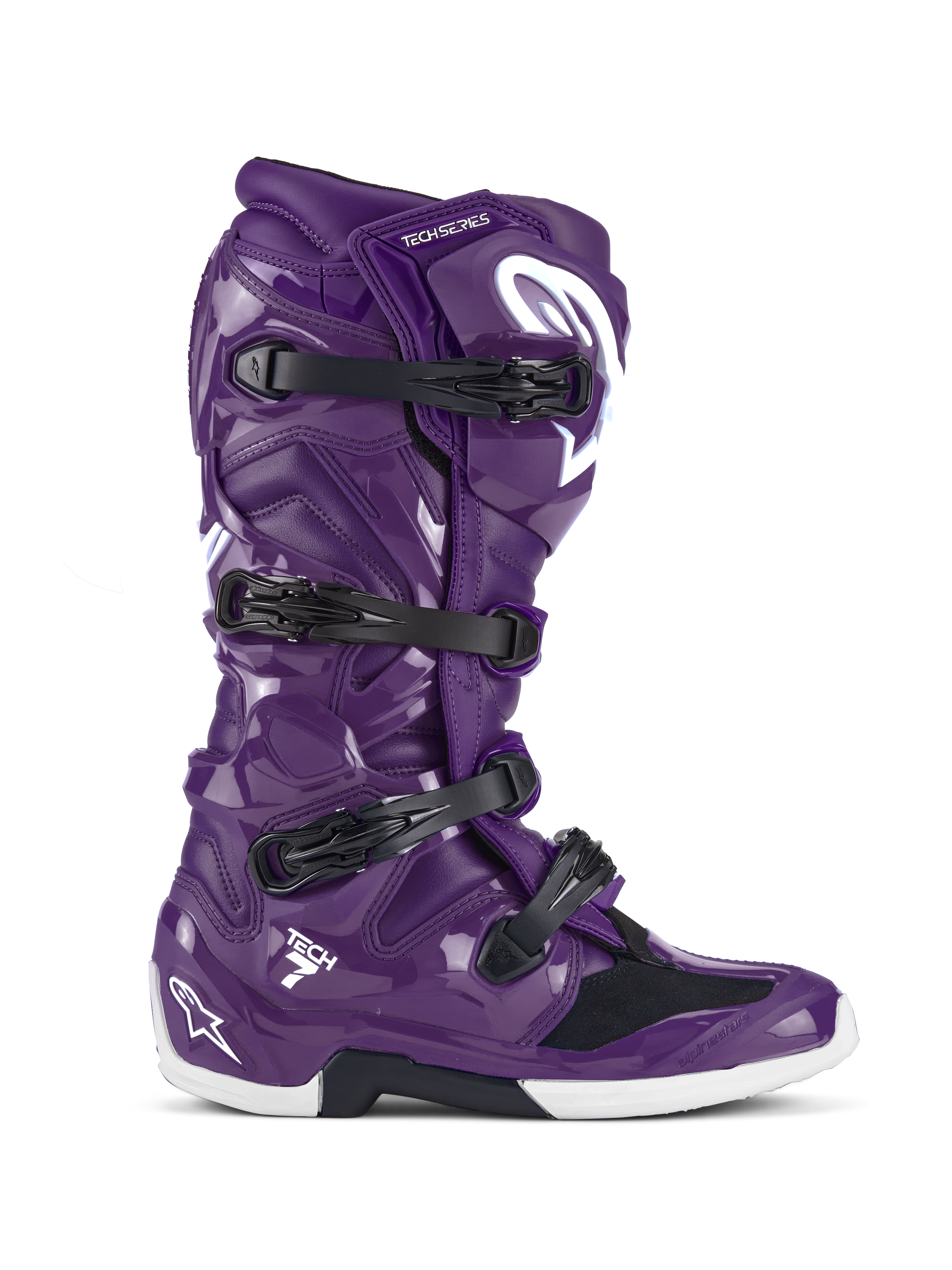 Alpinestars Tech 7 Boots, stivali da motocross fuoristrada, viola lucido con fibbie nere e dettagli bianchi, vista laterale, sistema di chiusura a quattro fibbie, logo a stella bianco su tallone e stinco, robusta costruzione in TPU per prestazioni fuoristrada