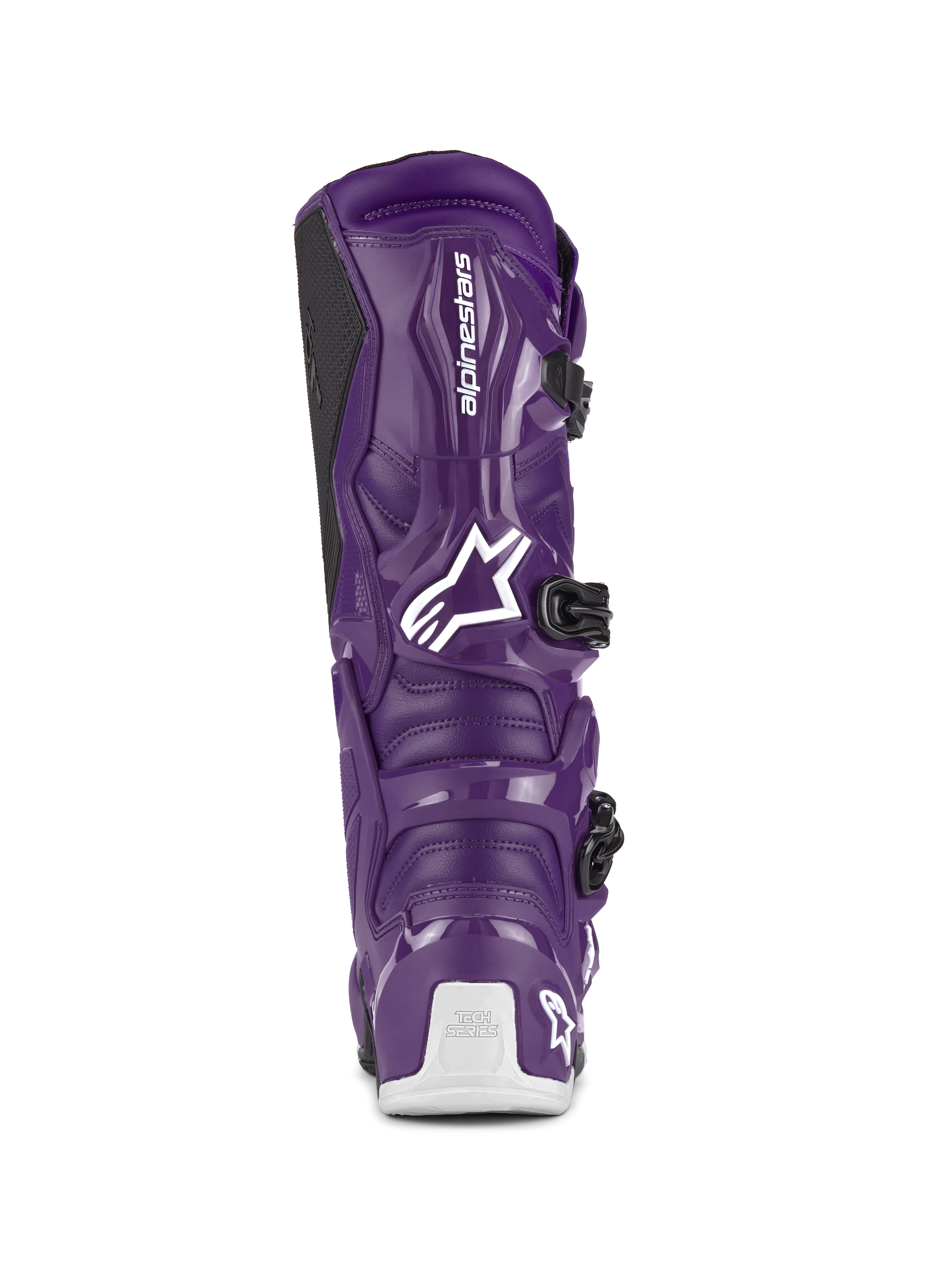 Alpinestars Tech 7 Boots, stivali da motocross, viola, vista posteriore con logo Alpinestars bianco e branding Tech Series sul tallone, chiusure con fibbie nere, costruzione in TPU e materiale sintetico resistente per corse off-road