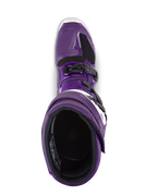 Alpinestars Tech 7 Boots, stivali da motocross, viola, vista dall'alto dell'apertura dello stivale, con fibbie nere e accenti bianchi, robusta struttura sintetica per corse fuoristrada