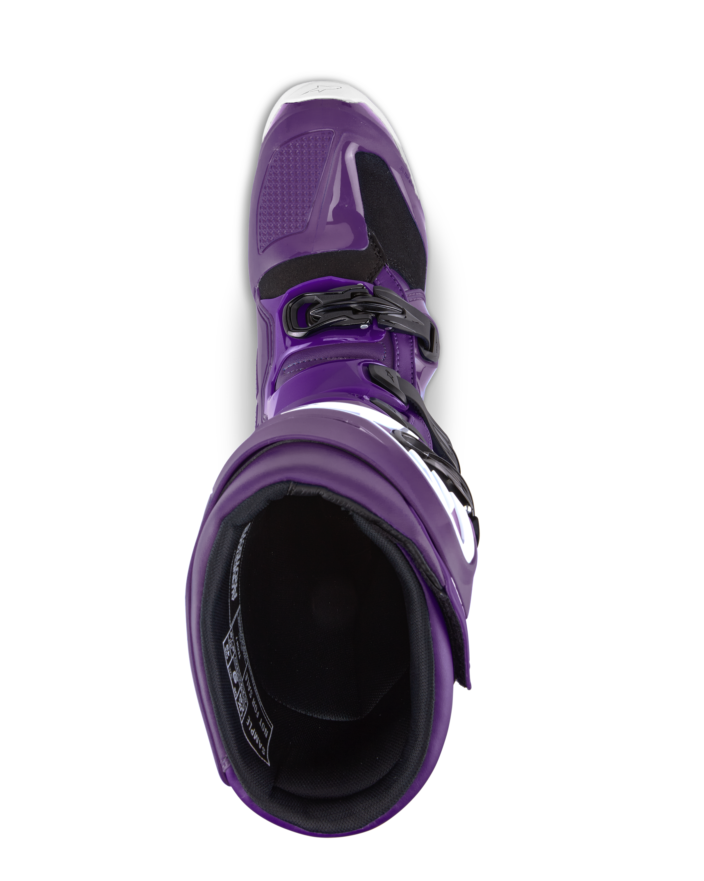 Alpinestars Tech 7 Boots, stivali da motocross, viola, vista dall'alto dell'apertura dello stivale, con fibbie nere e accenti bianchi, robusta struttura sintetica per corse fuoristrada