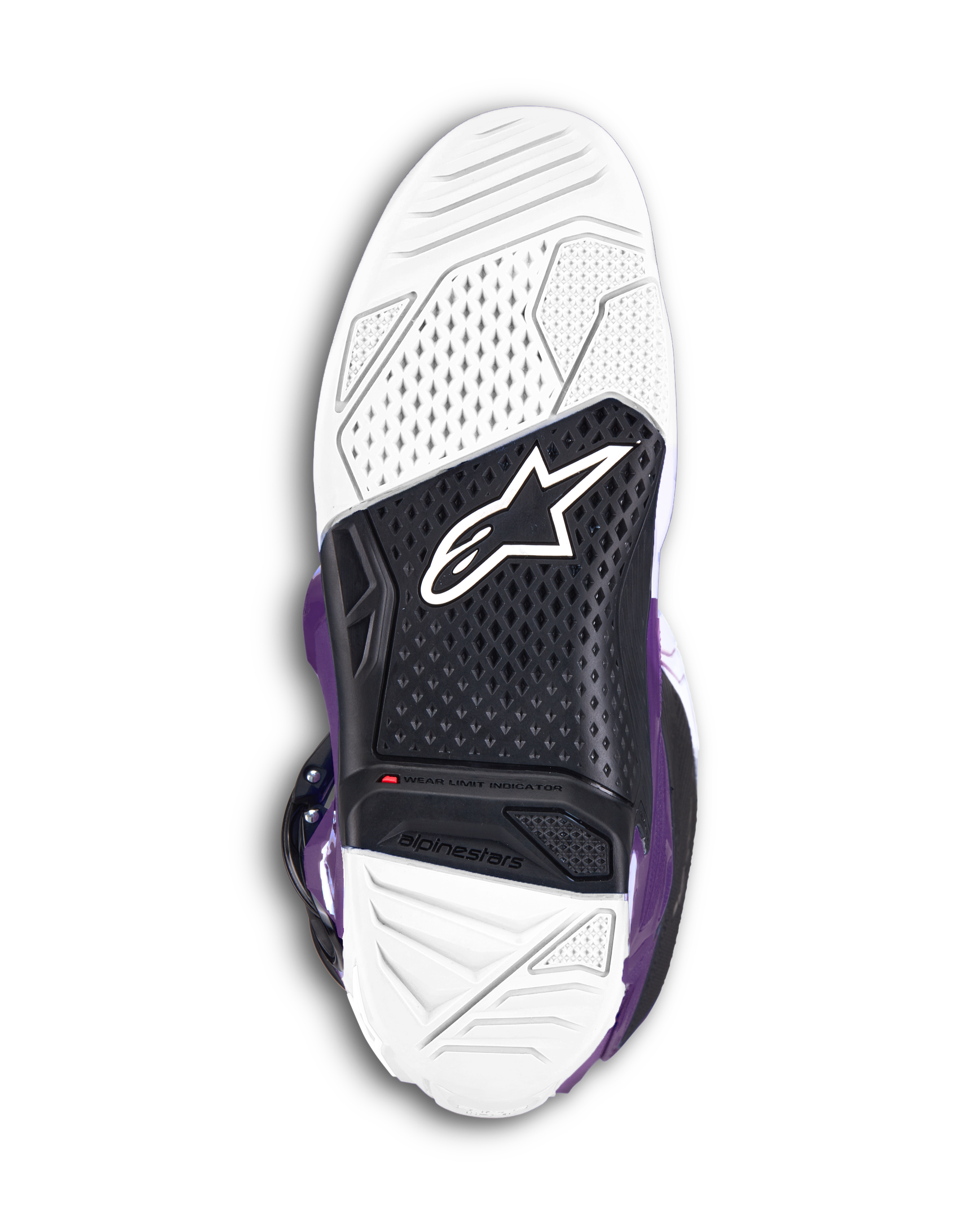 Stivali Alpinestars Tech 7, stivali da motocross viola, vista della suola in gomma vulcanizzata a doppio composto bianca e nera, con logo Alpinestars e indicatore del limite di usura rosso visibile per prestazioni off-road.