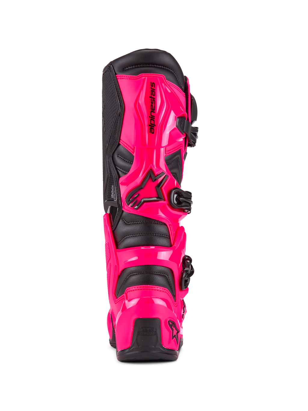 Stivali Alpinestars Tech 7, stivali da motocross, Diva Pink e nero, vista posteriore con protezione per tallone e polpaccio in TPU ad alto impatto, sistema di fibbie nere, costruzione robusta per il fuoristrada