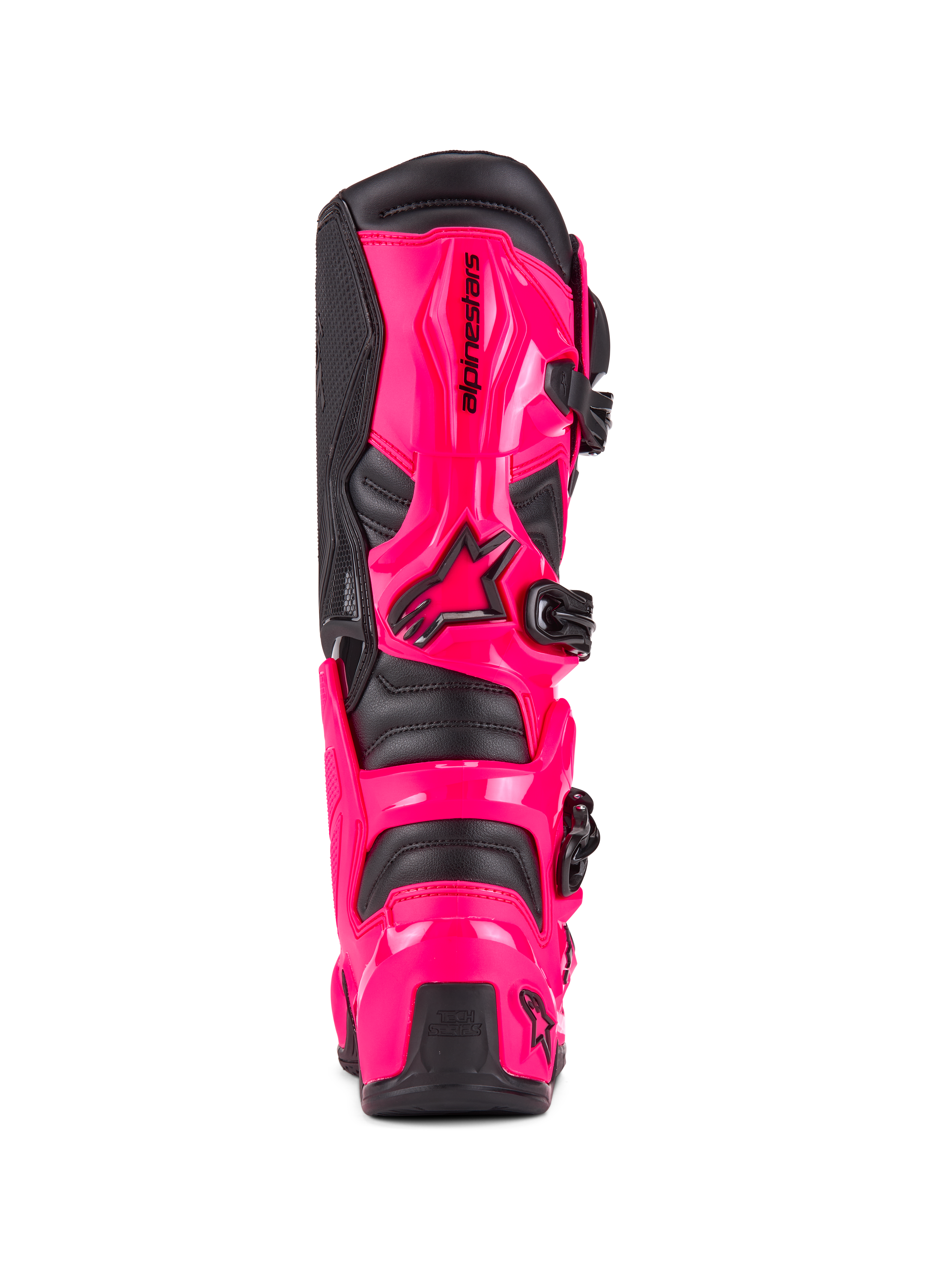 Stivali Alpinestars Tech 7, stivali da motocross, Diva Pink e nero, vista posteriore con protezione per tallone e polpaccio in TPU ad alto impatto, sistema di fibbie nere, costruzione robusta per il fuoristrada
