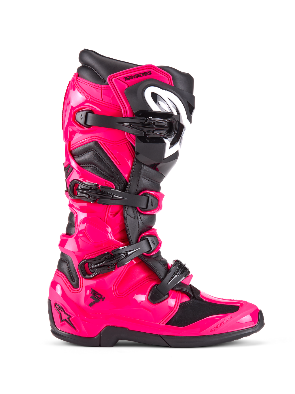 Alpinestars Tech 7, stivali da motocross fuoristrada, Rosa Diva e nero, calotta in TPU rosa lucido con accenti neri, quattro fibbie nere regolabili, parastinchi rinforzato, calzatura professionale da corsa
