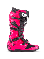 Alpinestars Tech 7, stivali da motocross fuoristrada, Rosa Diva e nero, calotta in TPU rosa lucido con accenti neri, quattro fibbie nere regolabili, parastinchi rinforzato, calzatura professionale da corsa