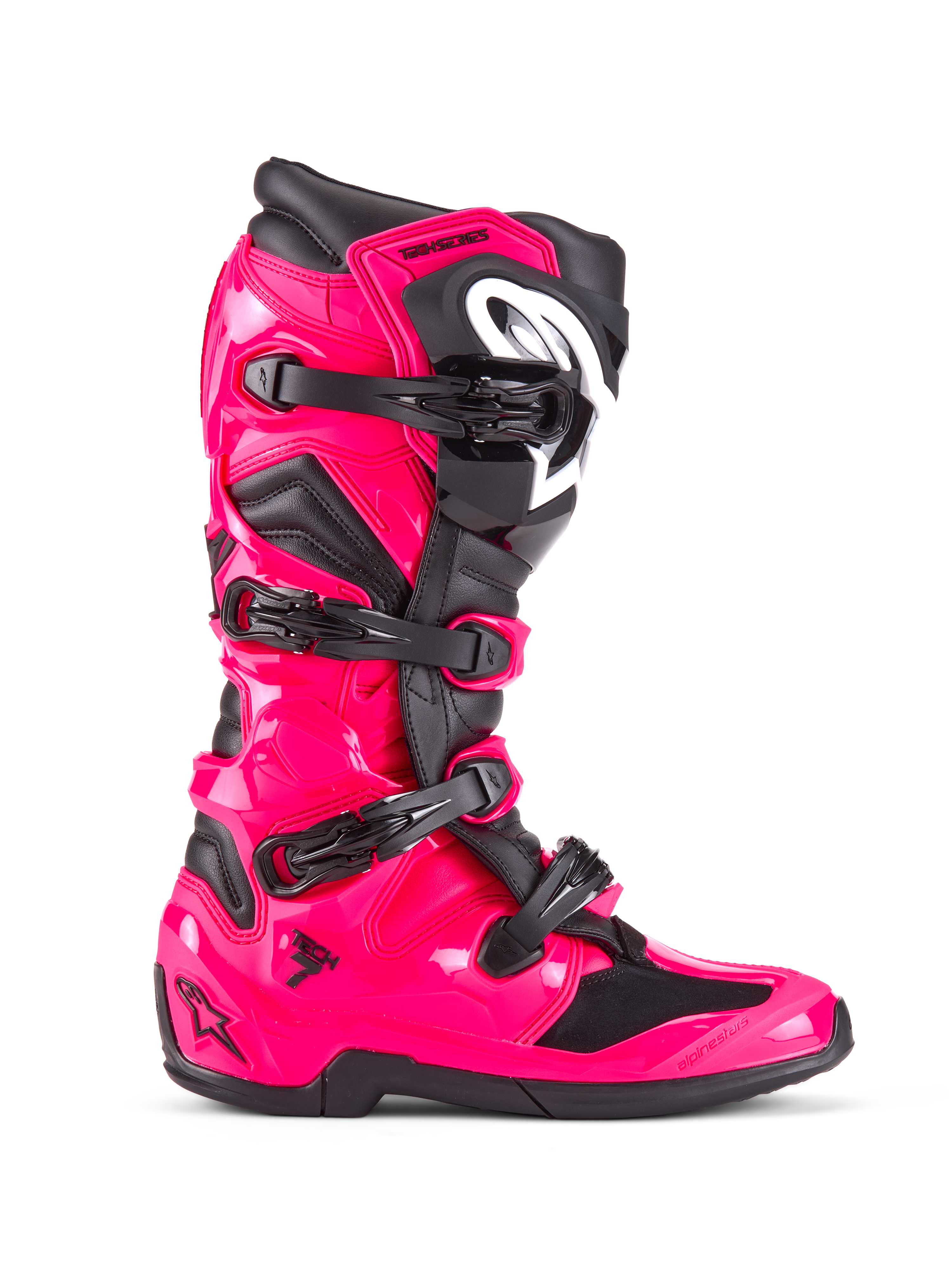 Alpinestars Tech 7, stivali da motocross fuoristrada, Rosa Diva e nero, calotta in TPU rosa lucido con accenti neri, quattro fibbie nere regolabili, parastinchi rinforzato, calzatura professionale da corsa