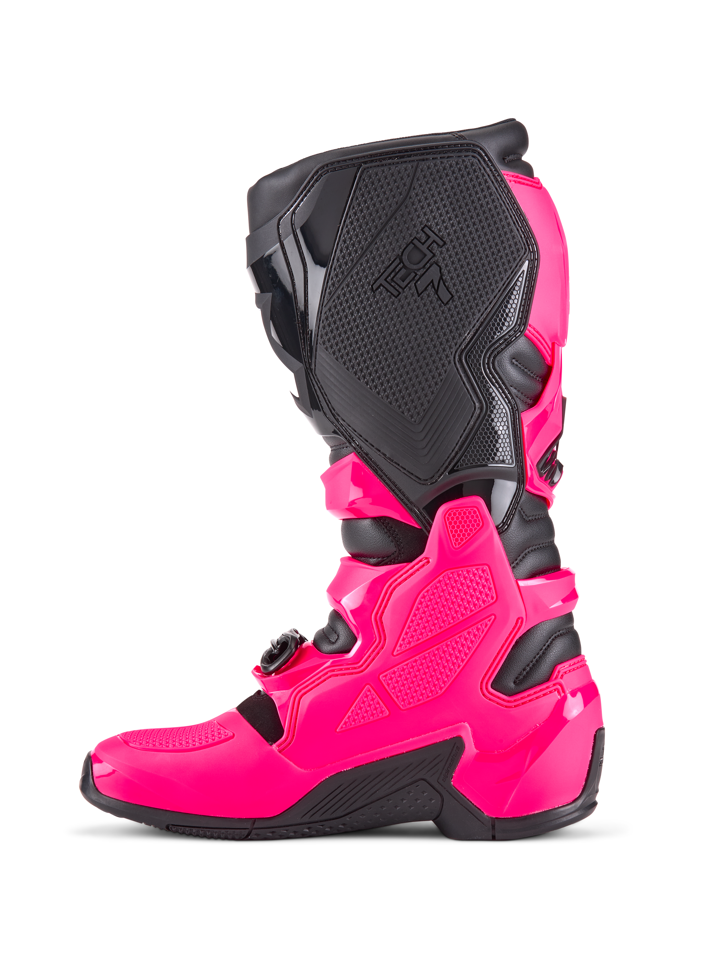 Stivali da motocross Alpinestars Tech 7, Rosa Diva e nero, profilo laterale con calotta protettiva in TPU, pannelli di presa mediale testurizzati con marchio Tech 7 e robusta suola nera, calzature da corsa fuoristrada ad alte prestazioni