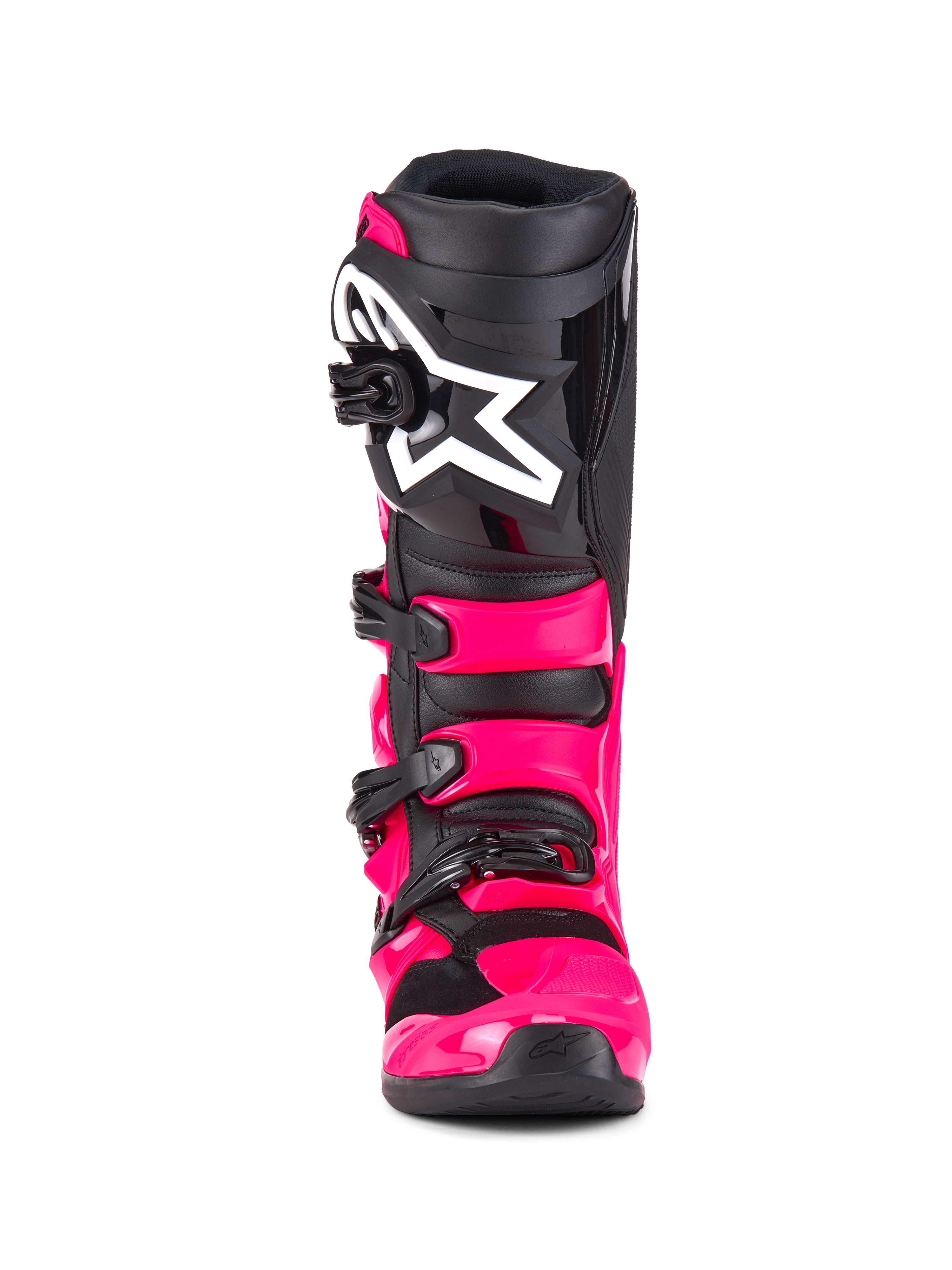 Stivali Alpinestars Tech 7, stivali da motocross, rosa e nero, vista frontale, con calotta e cinturini in TPU rosa acceso, placca parastinchi nera con grande logo a stella Alpinestars bianco e fibbie nere.