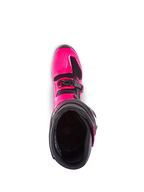 Stivali Alpinestars Tech 7, stivali da motocross, rosa diva e nero, vista dall'alto verso l'interno della fodera, che mostra la calotta esterna in TPU rosa e i dettagli della fibbia, progettati per prestazioni off-road