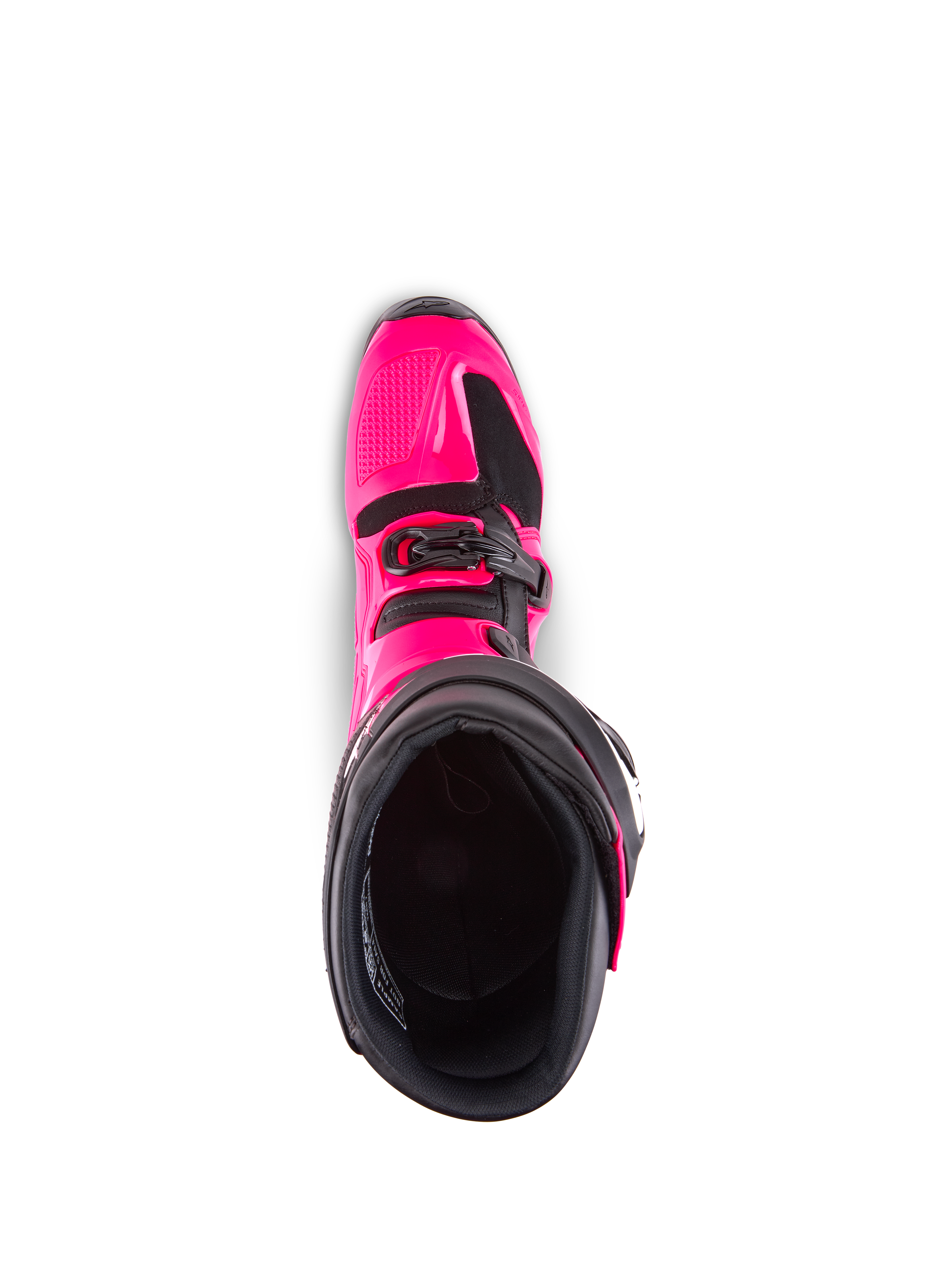Stivali Alpinestars Tech 7, stivali da motocross, rosa diva e nero, vista dall'alto verso l'interno della fodera, che mostra la calotta esterna in TPU rosa e i dettagli della fibbia, progettati per prestazioni off-road