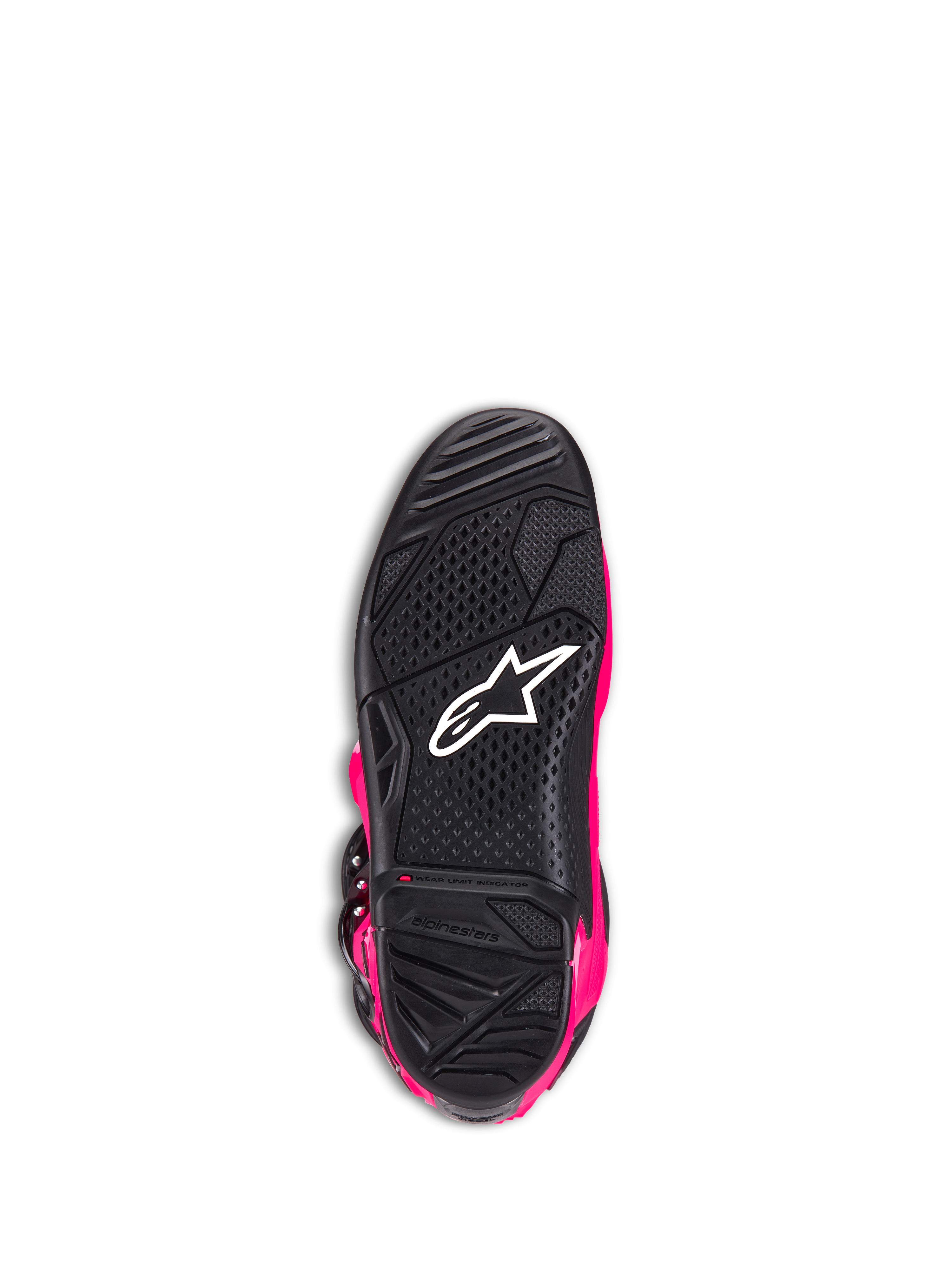 Stivali Alpinestars Tech 7, stivali da motocross, rosa diva e nero, vista dal basso della suola esterna che mostra la gomma nera testurizzata, logo Alpinestars bianco e indicatore del limite di usura, calzature da fuoristrada ad alte prestazioni