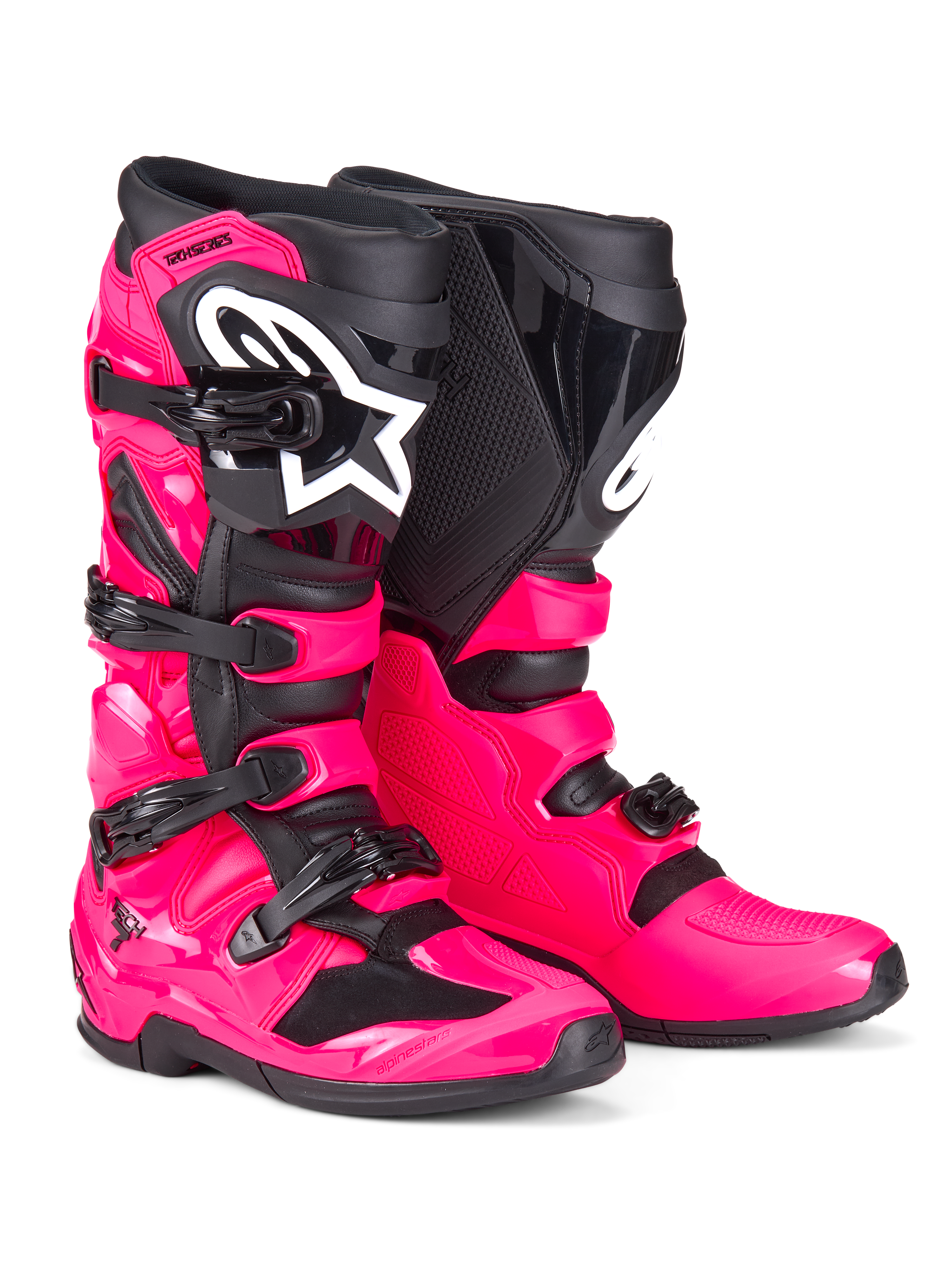 Stivali Alpinestars Tech 7, stivali da motocross, rosa diva e nero, caratterizzati da una robusta calotta in TPU, sistema di chiusura a quattro fibbie e prominente logo Alpinestars bianco, calzature off-road ad alte prestazioni