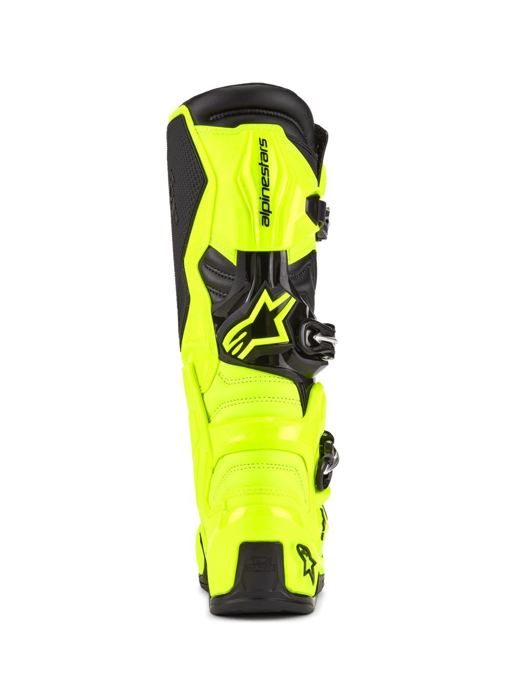 Stivali da motocross Alpinestars Tech 7, giallo fluo e nero, vista posteriore con costruzione protettiva in TPU e contrafforte del tallone, logo Alpinestars in evidenza, design vivace ad alta visibilità per prestazioni off-road