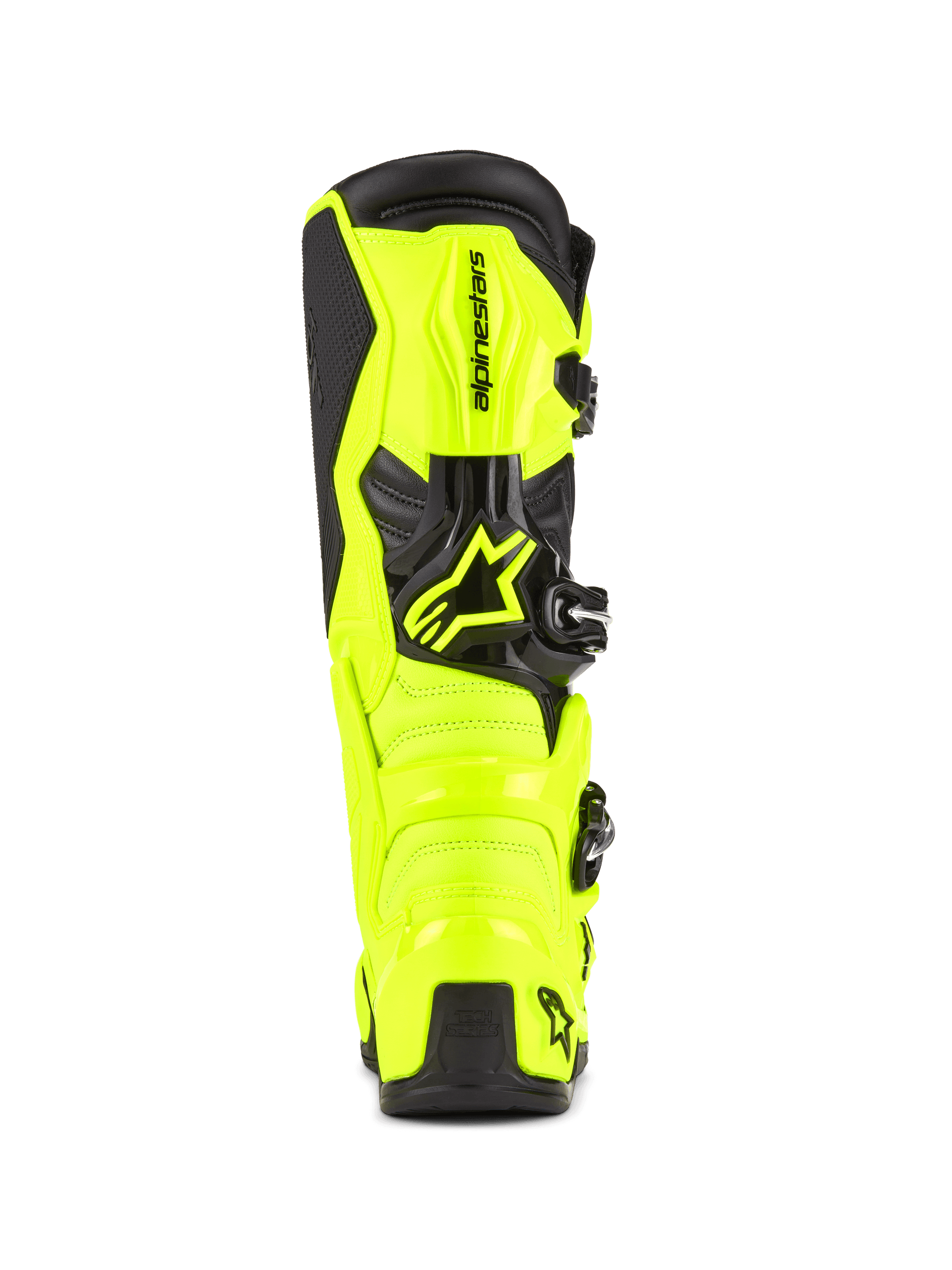 Alpinestars Tech 7 Motocross Boots, Yellow Fluo and Black, rear view showing protective TPU construction and heel counter, prominent Alpinestars logo, vibrant high-visibility design for off-road performance.