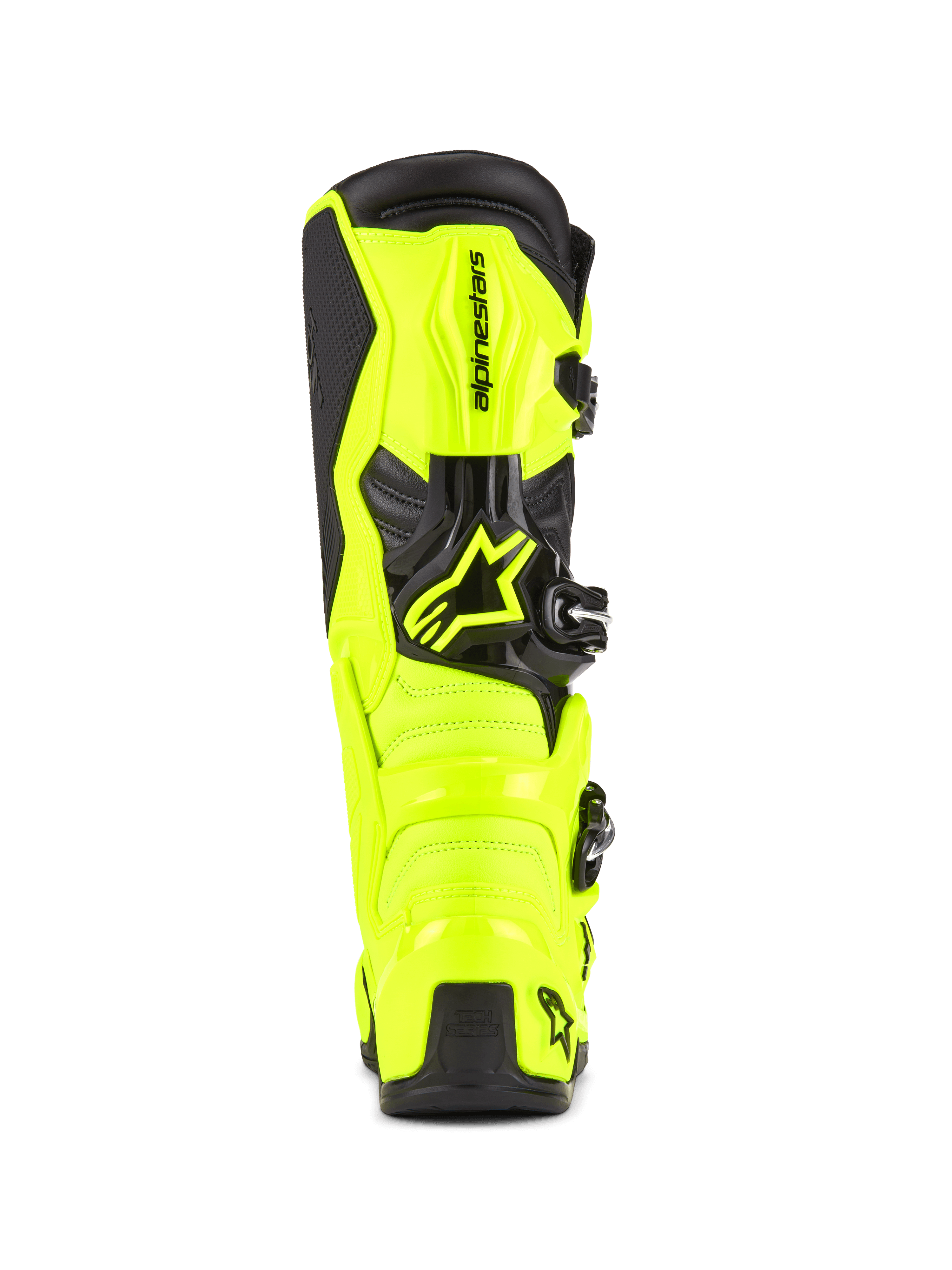 Stivali da motocross Alpinestars Tech 7, giallo fluo e nero, vista posteriore con costruzione protettiva in TPU e contrafforte del tallone, logo Alpinestars in evidenza, design vivace ad alta visibilità per prestazioni off-road