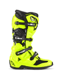 Stivali Alpinestars Tech 7, stivali da motocross, giallo fluo e nero, vista di profilo con calotta in TPU giallo neon e quattro fibbie nere, tallone e punta rinforzati, sistema pivot per la flessibilità ed estetica professionale da gara fuoristrada