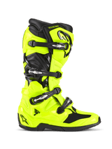 Alpinestars Tech 7 Boots, Motocross Boots, Yellow Fluo and Black, side profile view featuring a bright neon yellow TPU shell with four black buckles, reinforced heel and toe, pivot system for flexibility, and professional off-road racing aesthetic