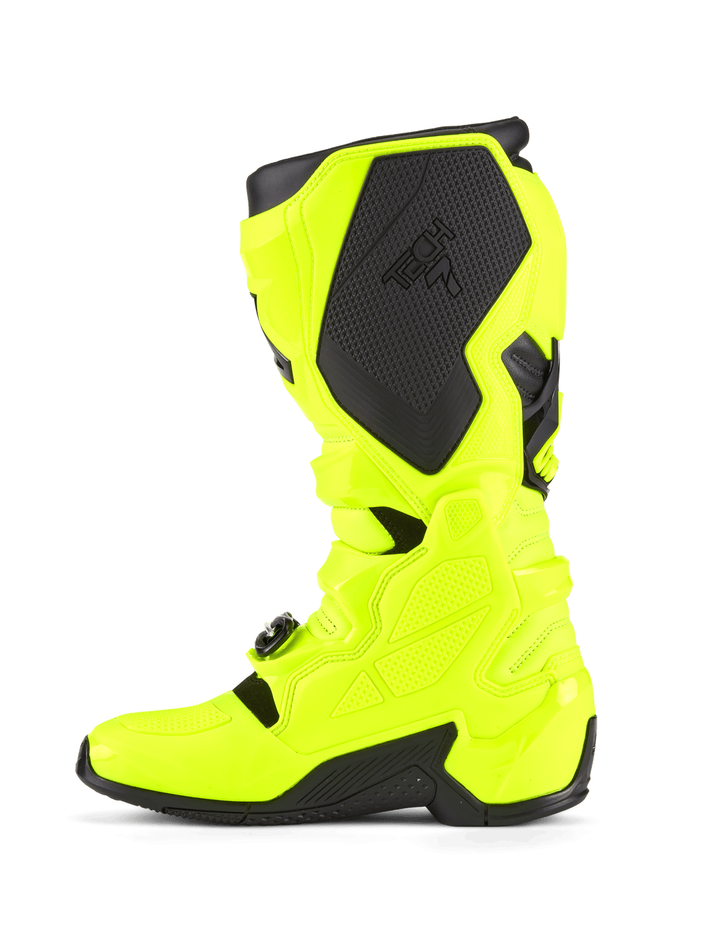 Stivali Alpinestars Tech 7, stivali da motocross, giallo fluo e nero, vista di profilo laterale che evidenzia la costruzione della calotta in TPU, il sistema di chiusura con fibbie e i pannelli protettivi neri con marchio, progettati per durabilità e gare fuoristrada