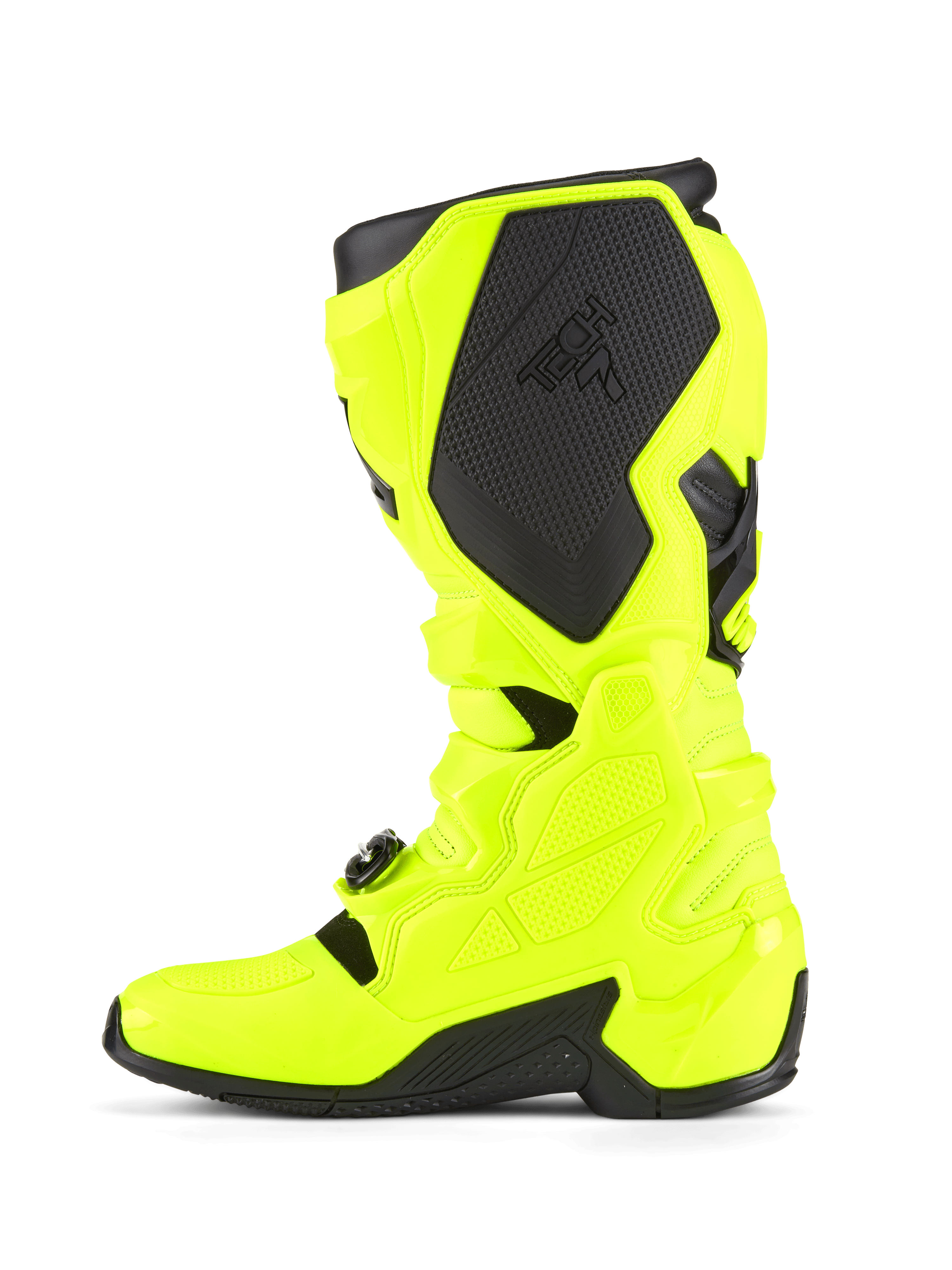 Stivali Alpinestars Tech 7, stivali da motocross, giallo fluo e nero, vista di profilo laterale che evidenzia la costruzione della calotta in TPU, il sistema di chiusura con fibbie e i pannelli protettivi neri con marchio, progettati per durabilità e gare fuoristrada