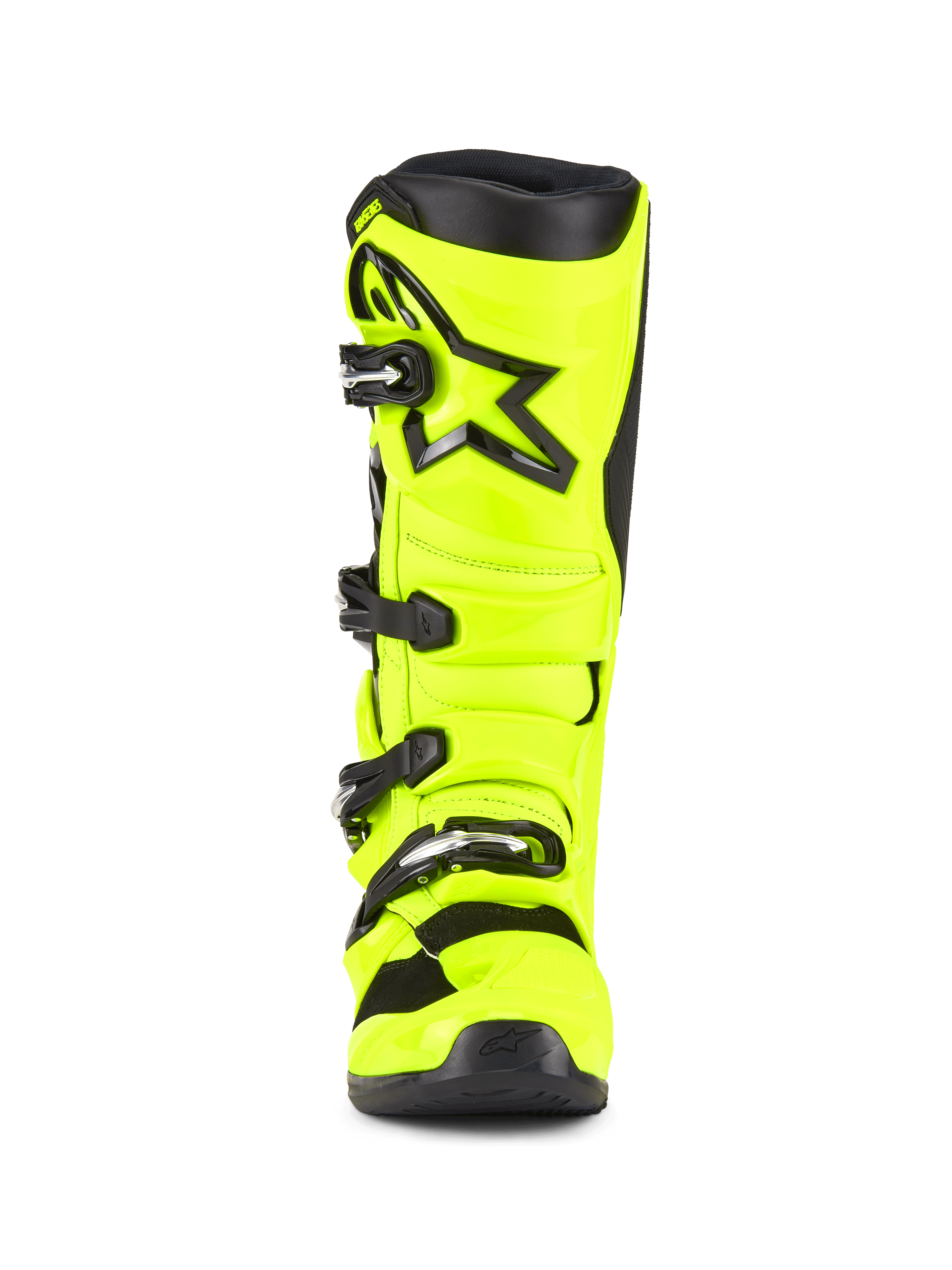 Stivali Alpinestars Tech 7, stivali da motocross, giallo fluo e nero, vista frontale, calotta in TPU giallo fluorescente brillante, logo Alpinestars a stella nero sullo stinco, sistema di chiusura con fibbie regolabili per prestazioni off-road
