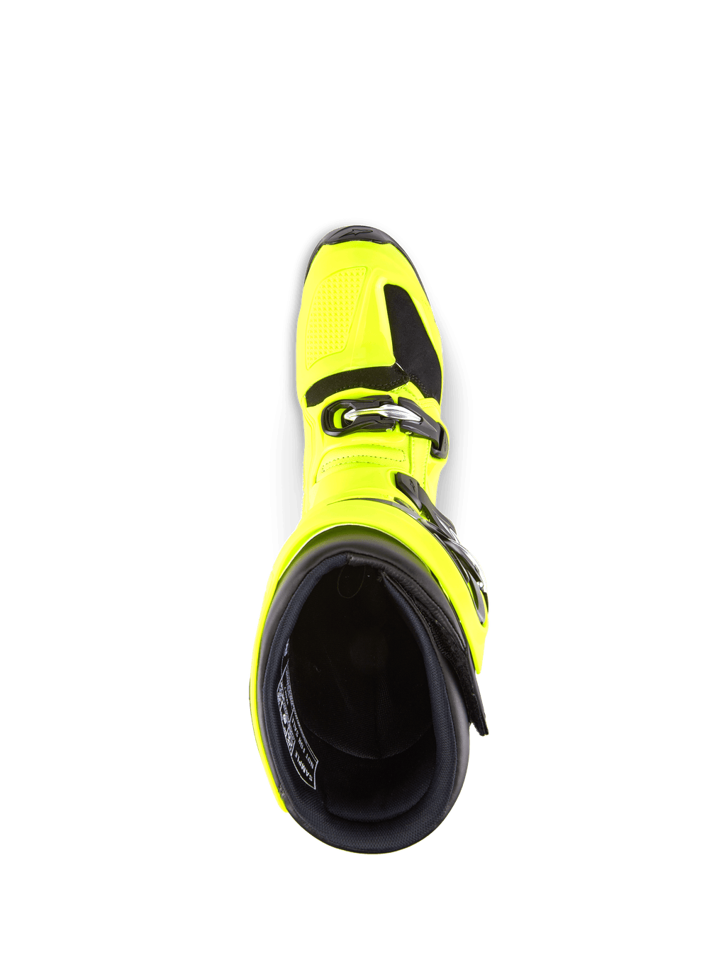 Stivali Alpinestars Tech 7, stivali da motocross, giallo fluo e nero, vista dall'alto verso l'interno, mostra il sistema di chiusura a fibbie e il colletto imbottito