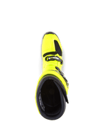 Stivali Alpinestars Tech 7, stivali da motocross, giallo fluo e nero, vista dall'alto verso l'interno, mostra il sistema di chiusura a fibbie e il colletto imbottito