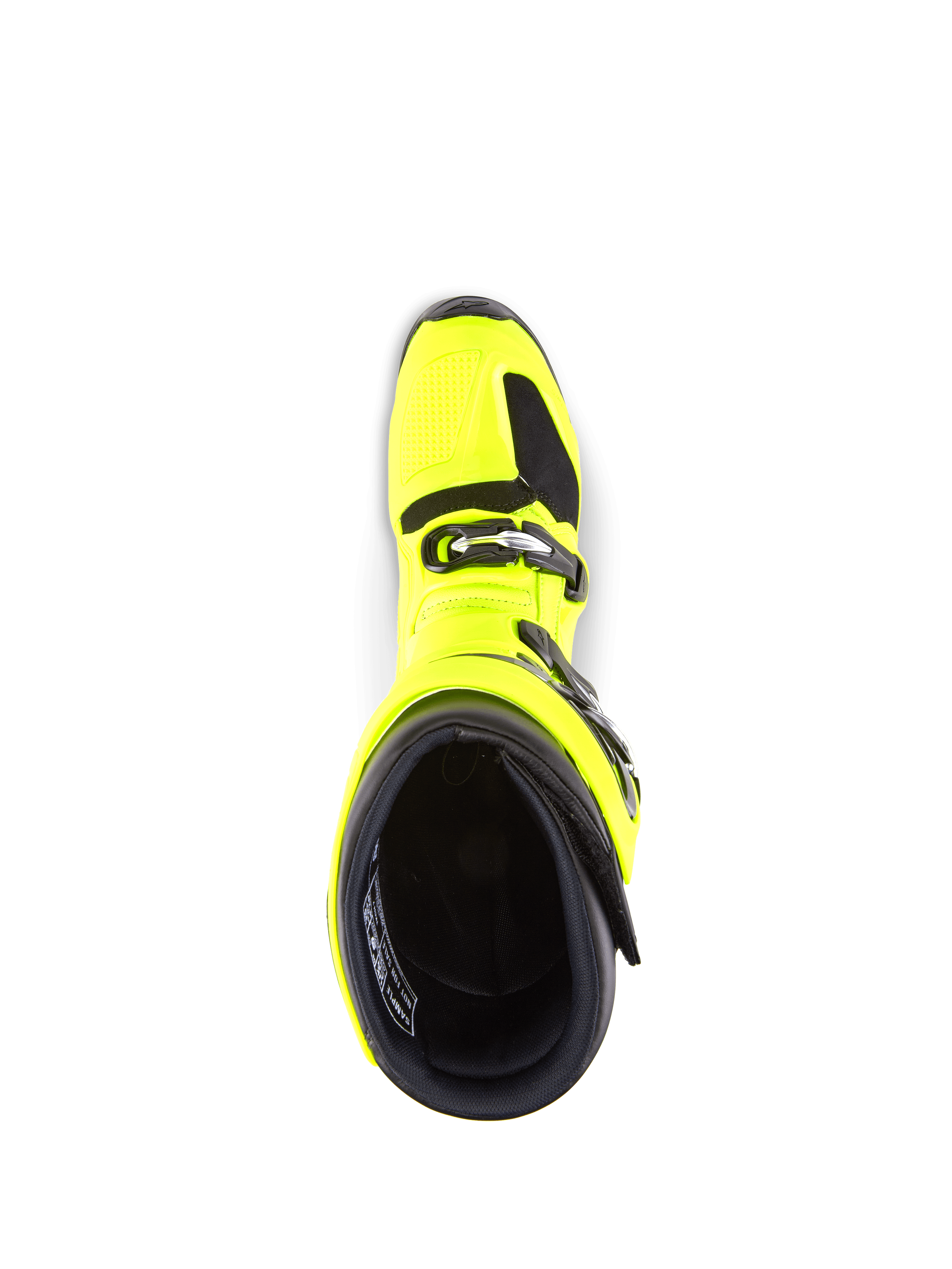 Stivali Alpinestars Tech 7, stivali da motocross, giallo fluo e nero, vista dall'alto verso l'interno, mostra il sistema di chiusura a fibbie e il colletto imbottito
