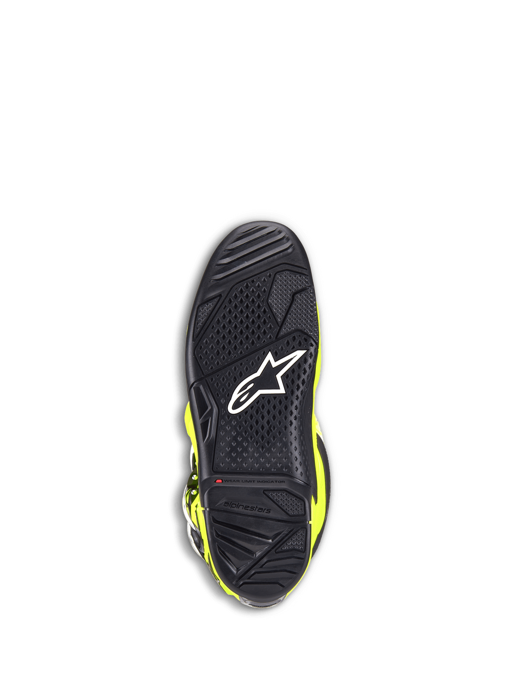 Stivali Alpinestars Tech 7, stivali da motocross, giallo fluo e nero, vista dal basso della suola in gomma nera con trama a grip testurizzato, logo stella bianco e indicatore di limite di usura rosso per la durata nel fuoristrada