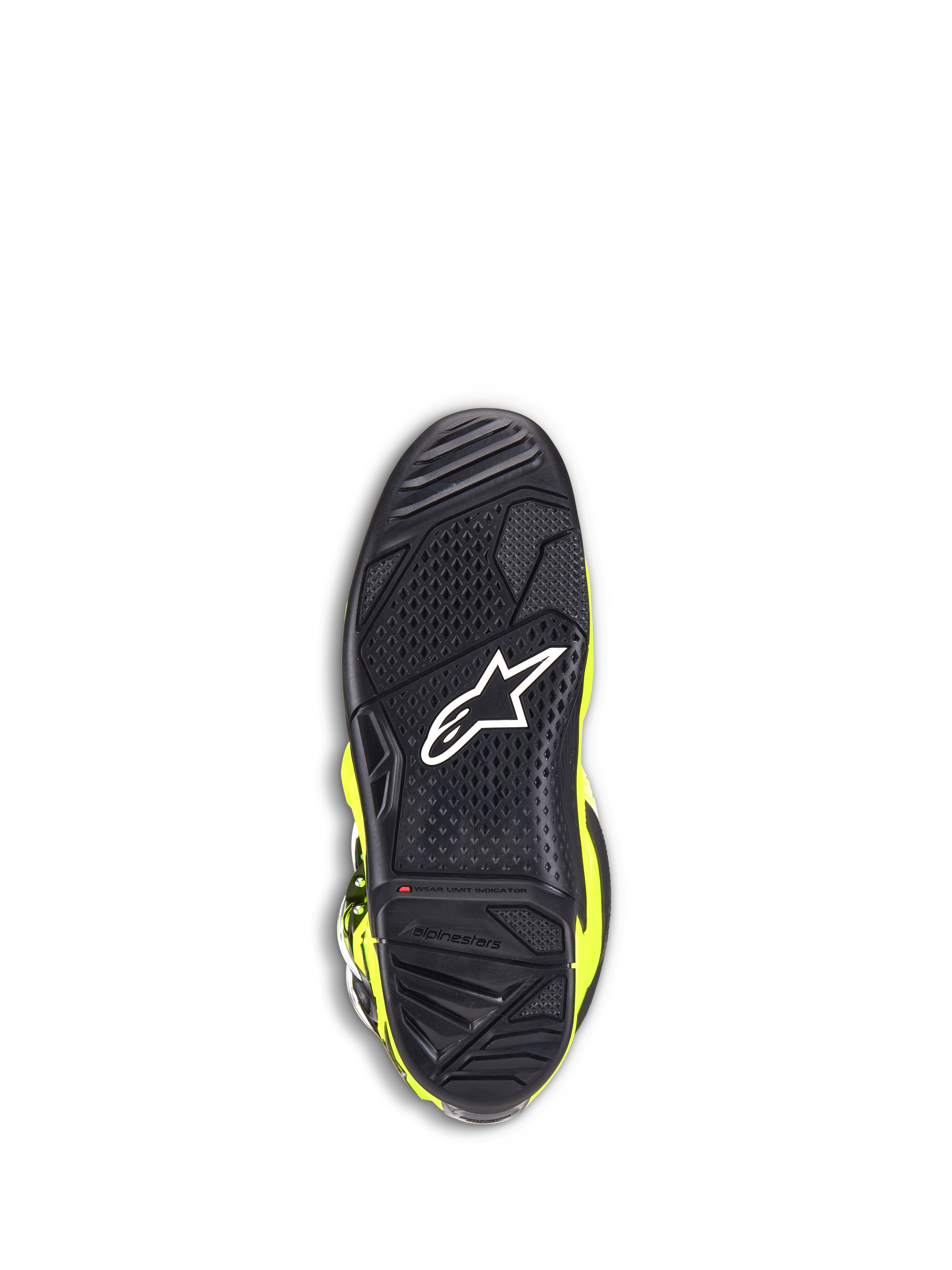 Stivali Alpinestars Tech 7, stivali da motocross, giallo fluo e nero, vista dal basso della suola in gomma nera con trama a grip testurizzato, logo stella bianco e indicatore di limite di usura rosso per la durata nel fuoristrada