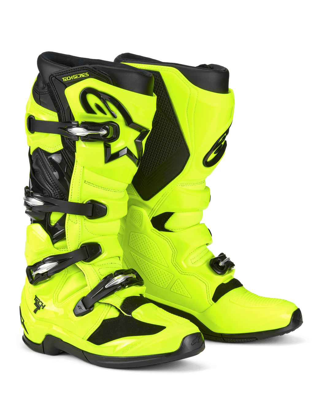 Stivali Alpinestars Tech 7 Motocross, giallo fluo e nero, con sistema di chiusura a quattro fibbie, calotta protettiva in TPU, logo Astars nero sullo stinco e suola robusta in doppia mescola per corse fuoristrada