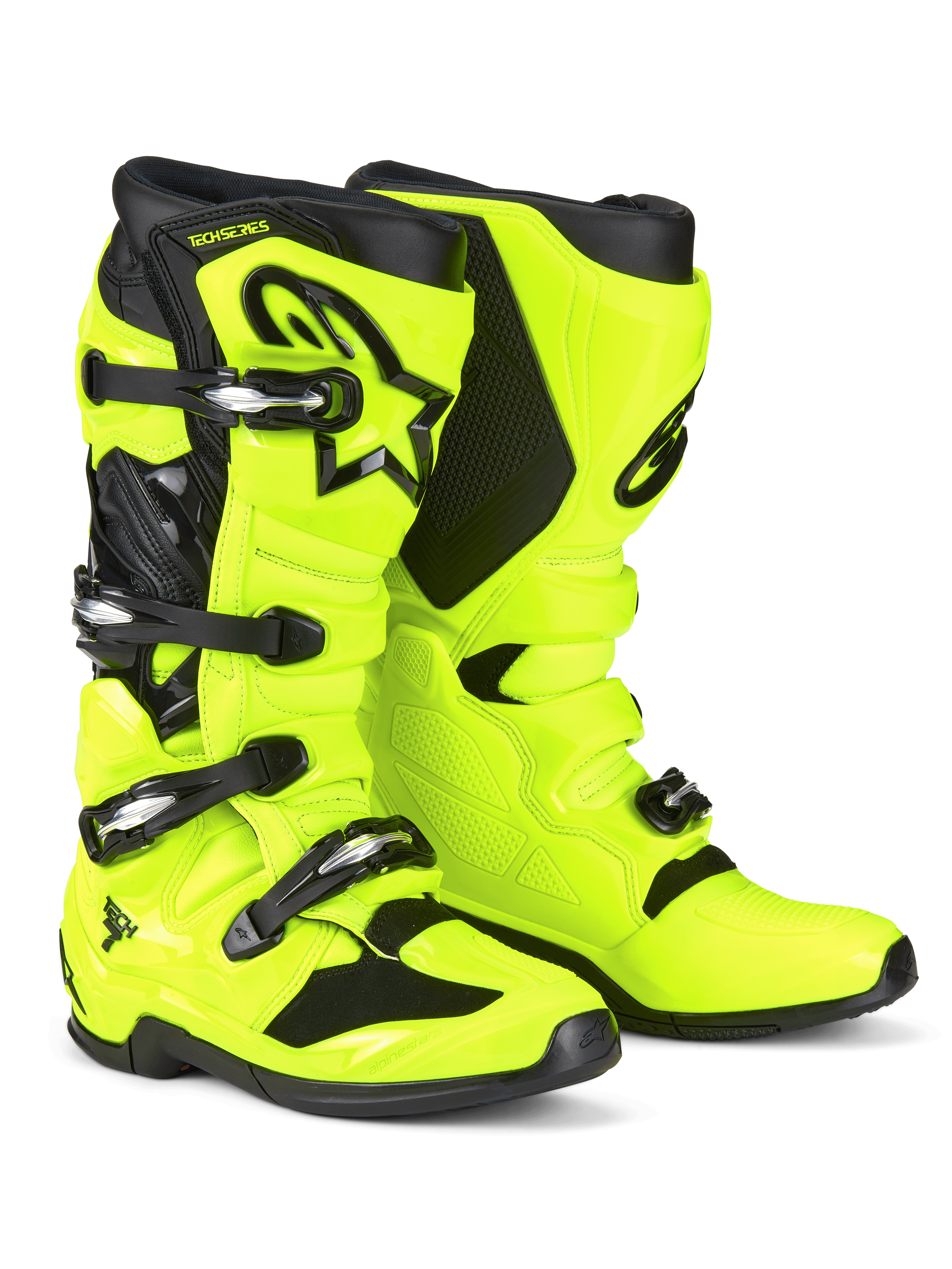 Stivali Alpinestars Tech 7 Motocross, giallo fluo e nero, con sistema di chiusura a quattro fibbie, calotta protettiva in TPU, logo Astars nero sullo stinco e suola robusta in doppia mescola per corse fuoristrada