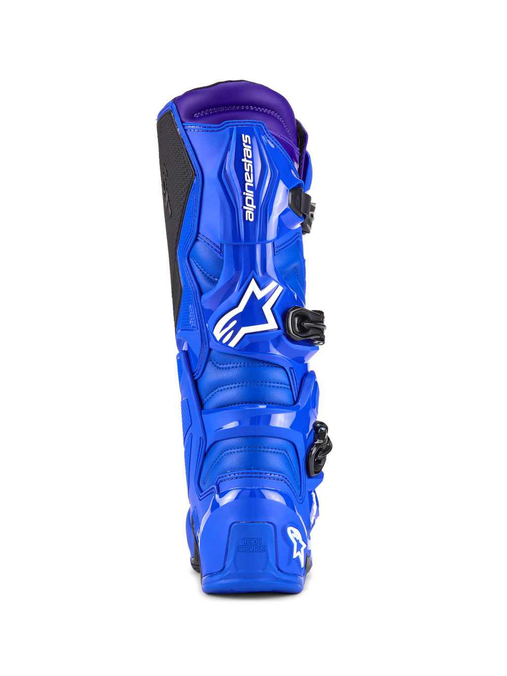 Stivali Alpinestars Tech 7, stivali da motocross, blu con accenti viola, vista posteriore che mostra la protezione in TPU, logo Alpinestars bianco sul tallone e pannello grip laterale nero, calzature da fuoristrada ad alte prestazioni