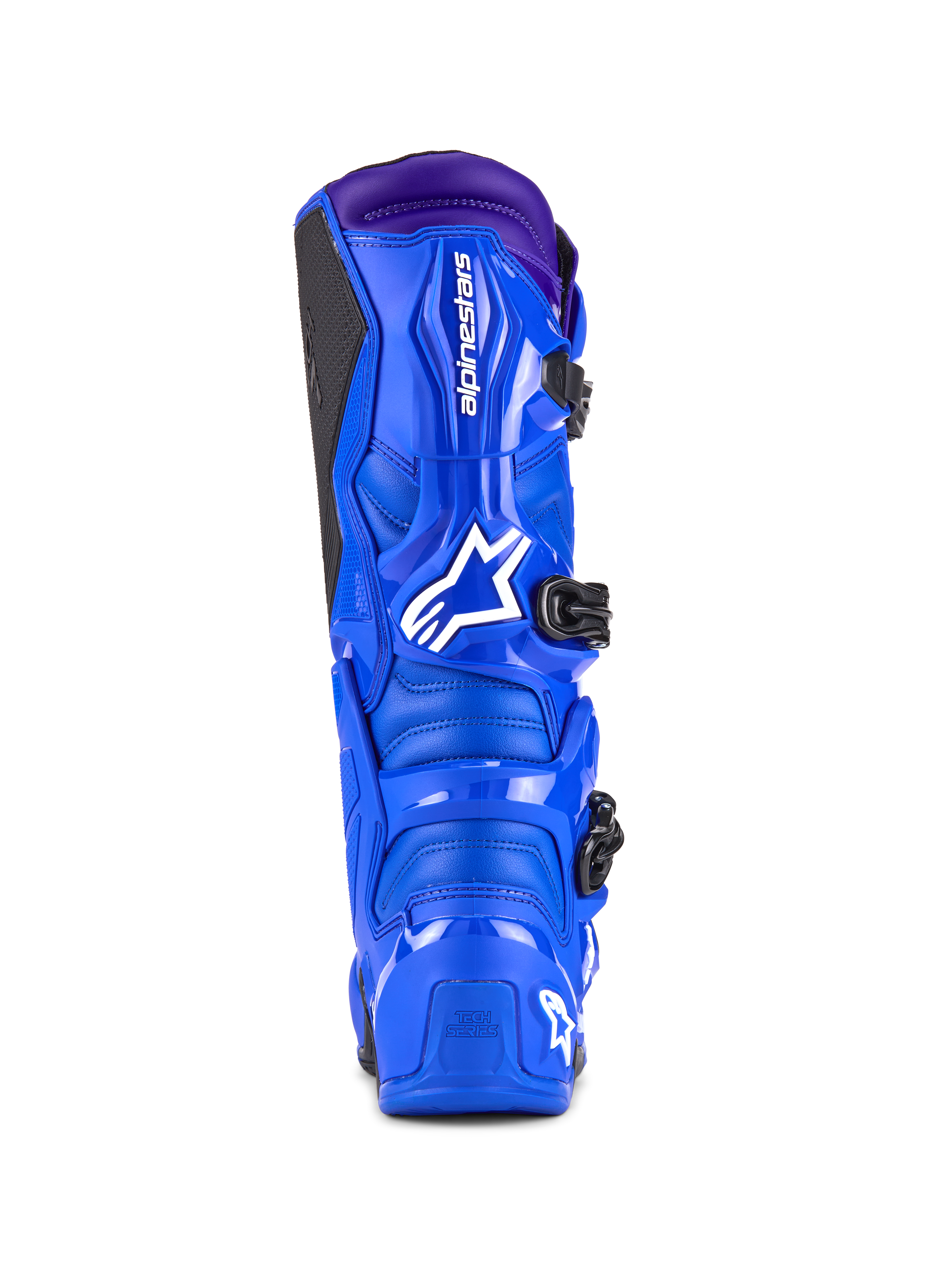 Stivali Alpinestars Tech 7, stivali da motocross, blu con accenti viola, vista posteriore che mostra la protezione in TPU, logo Alpinestars bianco sul tallone e pannello grip laterale nero, calzature da fuoristrada ad alte prestazioni