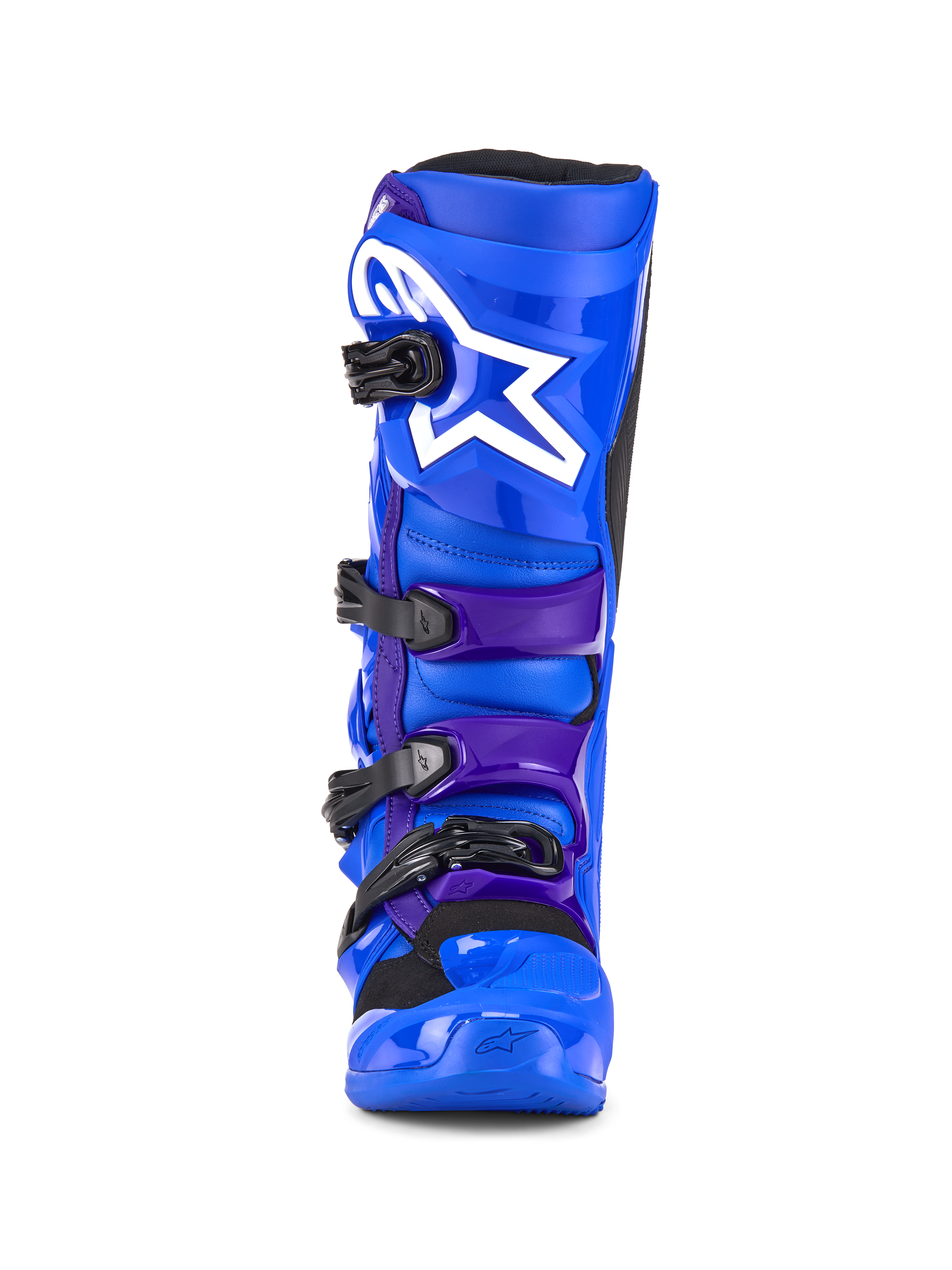 Alpinestars Tech 7 Boots, stivali da motocross, blu e viola, con logo a stella bianca sul parastinco, sistema di chiusura a quattro fibbie e costruzione in TPU rinforzato per gare off-road, vista frontale