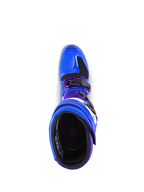 Stivali Alpinestars Tech 7, stivali da motocross, blu con accenti viola e neri, vista dall'alto che mostra la fodera interna e il sistema di fibbie, costruzione robusta in TPU e microfibra per prestazioni off-road