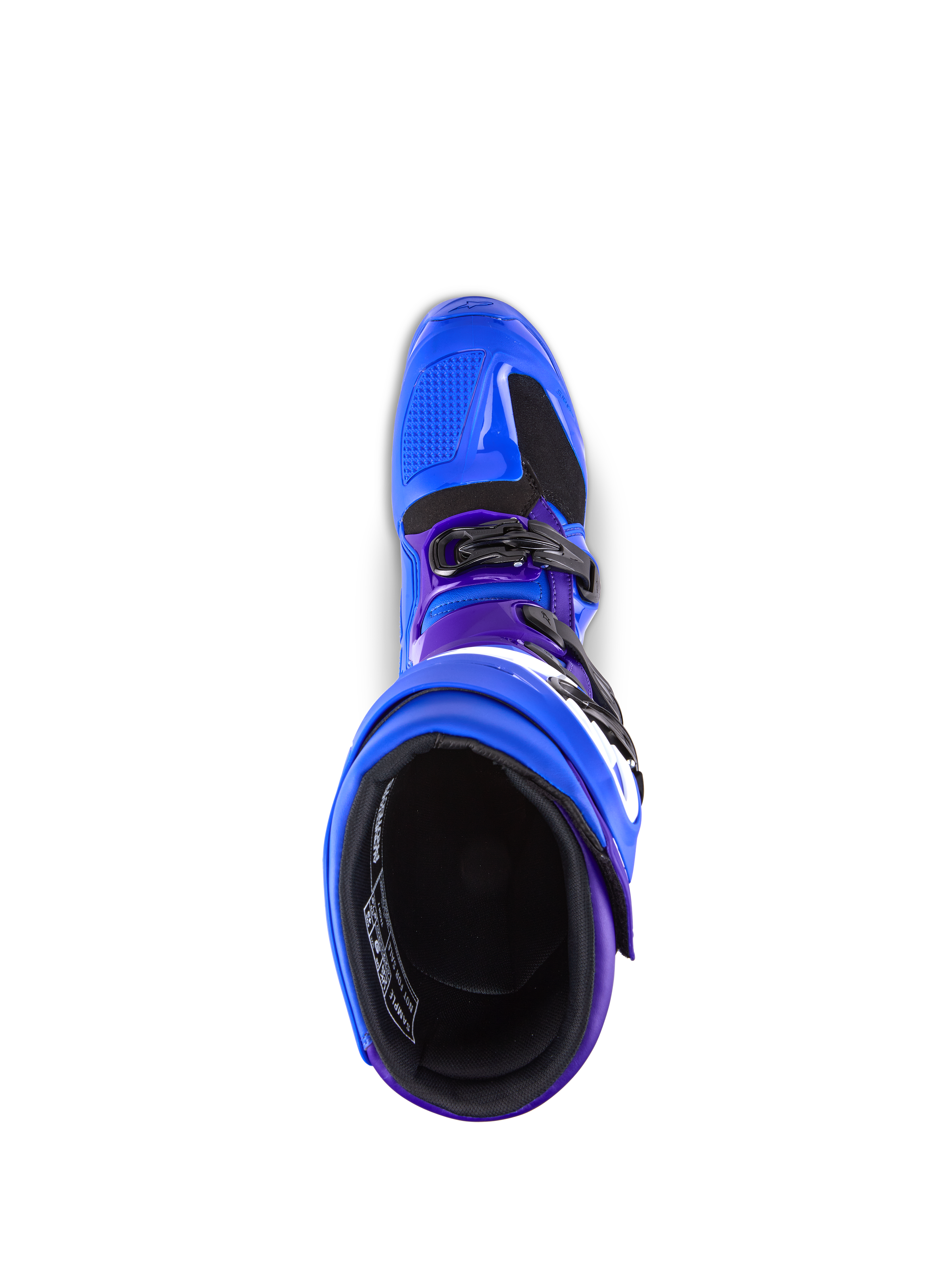 Stivali Alpinestars Tech 7, stivali da motocross, blu con accenti viola e neri, vista dall'alto che mostra la fodera interna e il sistema di fibbie, costruzione robusta in TPU e microfibra per prestazioni off-road