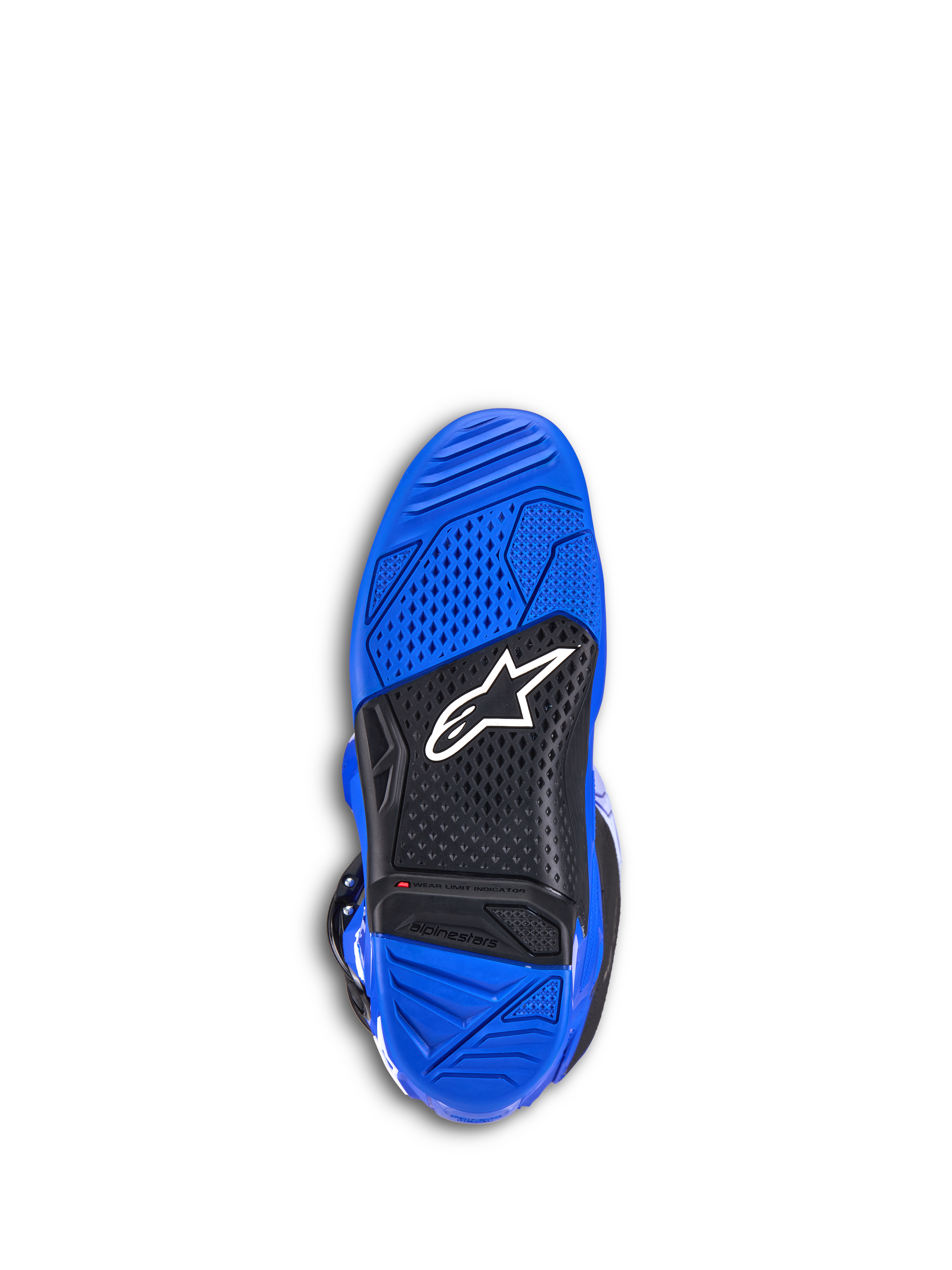 Alpinestars Tech 7 Boots, stivali da motocross, blu, vista dal basso della suola in gomma testurizzata blu e nera, logo Alpinestars bianco e indicatore rosso del limite di usura, calzature resistenti per il fuoristrada