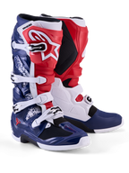 Alpinestars stivali Tech 7 Unity Limited Edition, stivali da motocross da uomo rossi, bianchi e blu con protezioni in TPU e fibbie.
