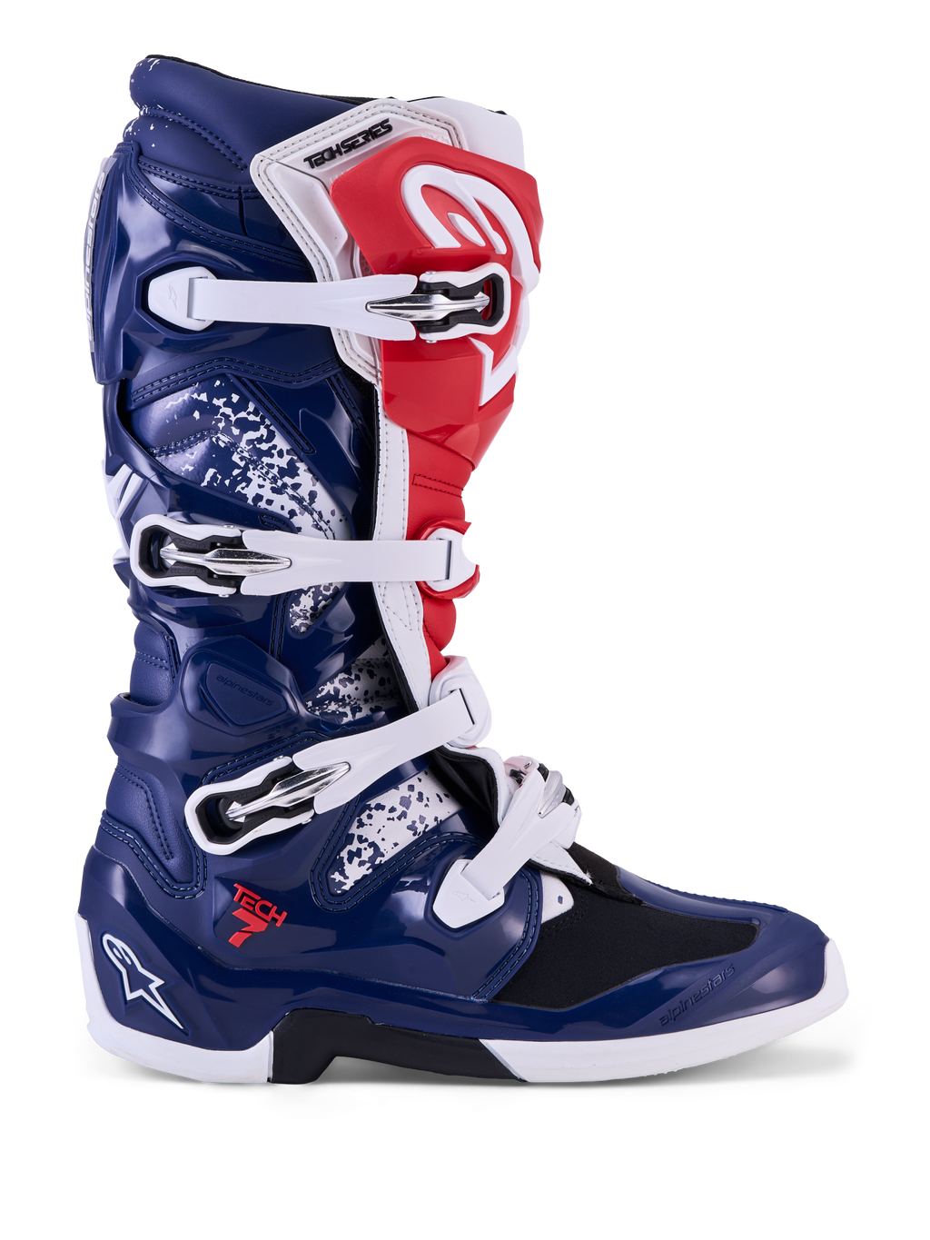 Alpinestars stivali Tech 7 Unity, stivali da motocross, rossi, bianchi e blu, scocca protettiva in TPU e chiusura a fibbie