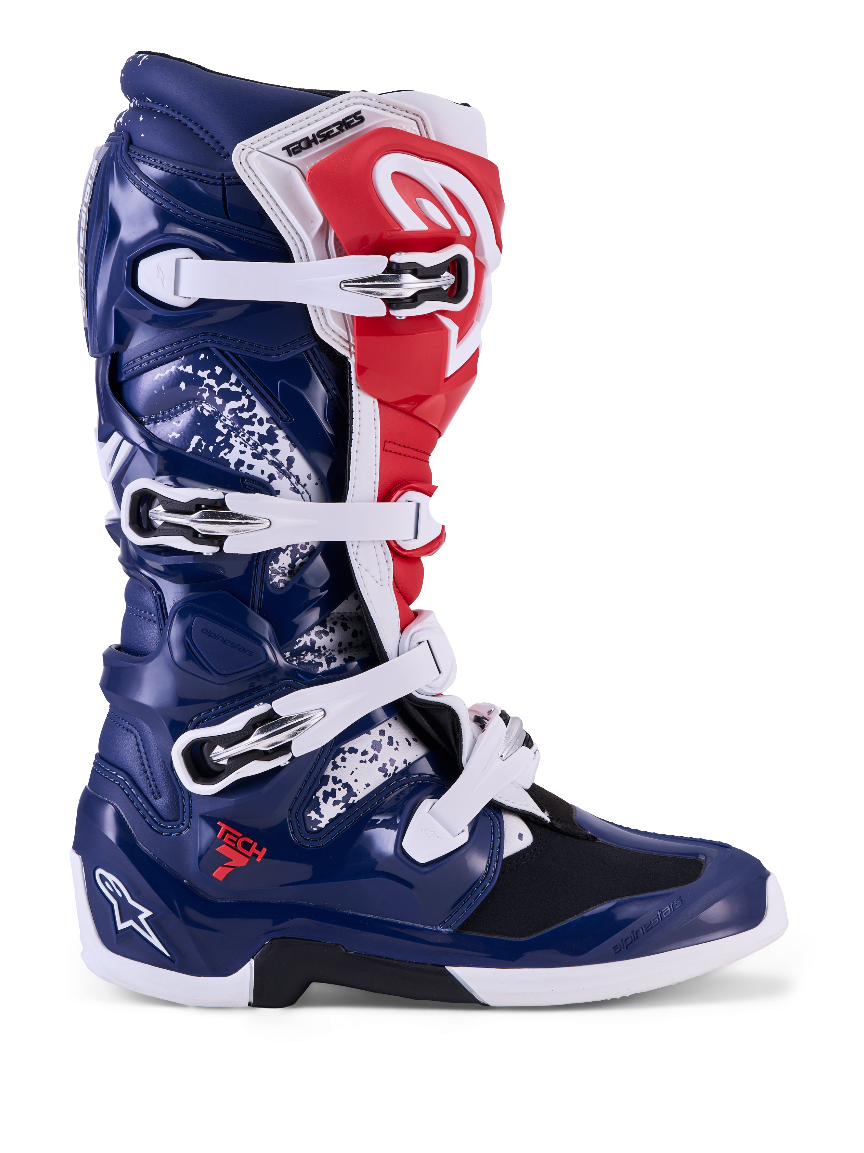 Alpinestars stivali Tech 7 Unity, stivali da motocross, rossi, bianchi e blu, scocca protettiva in TPU e chiusura a fibbie