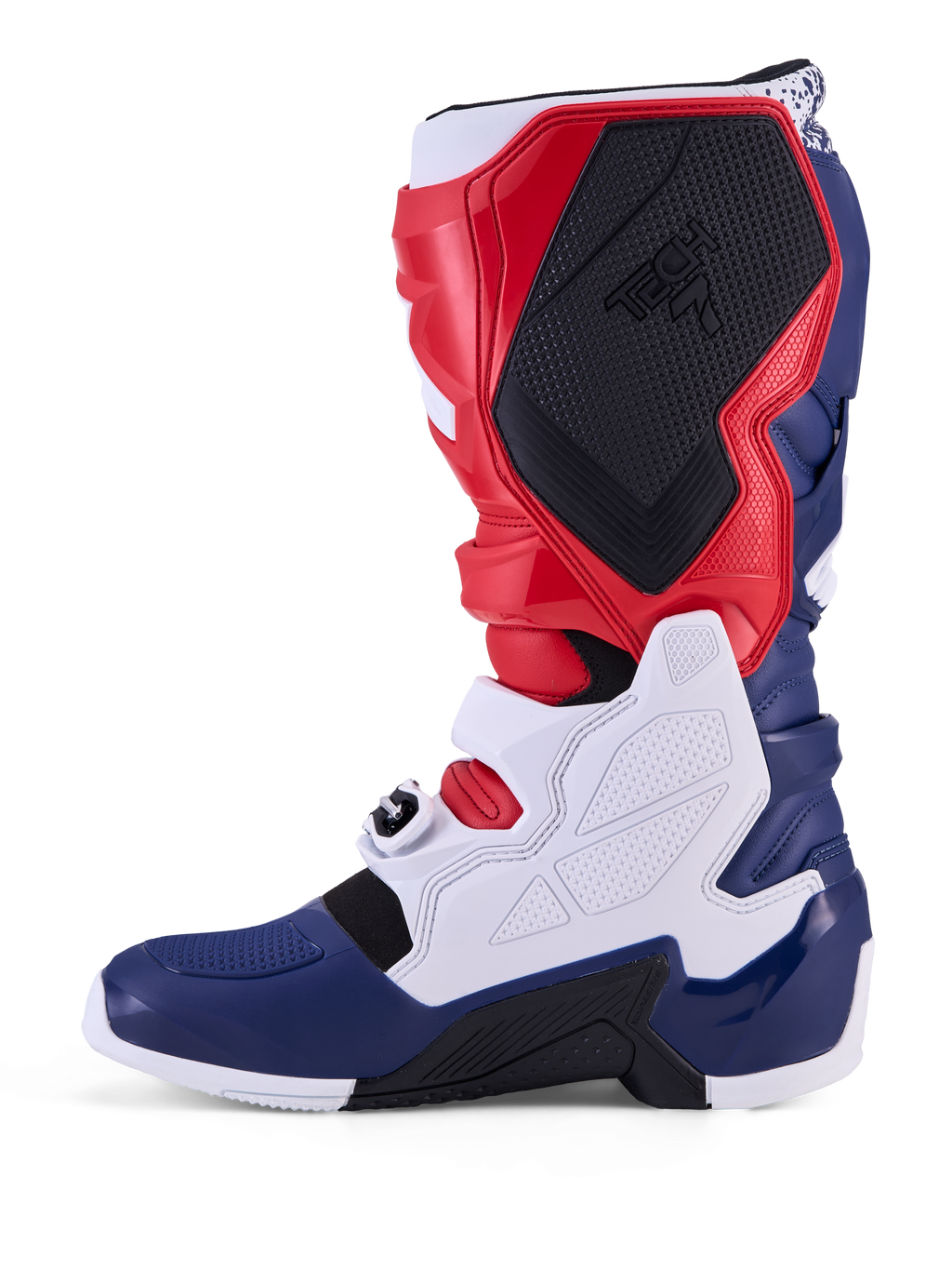 Alpinestars Tech 7 Unity Limited Edition, stivali da motocross rossi, bianchi e blu con pannelli in TPU e fibbie sicure.