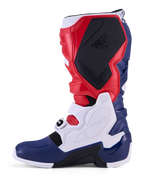 Alpinestars Tech 7 Unity Limited Edition, stivali da motocross rossi, bianchi e blu con pannelli in TPU e fibbie sicure.