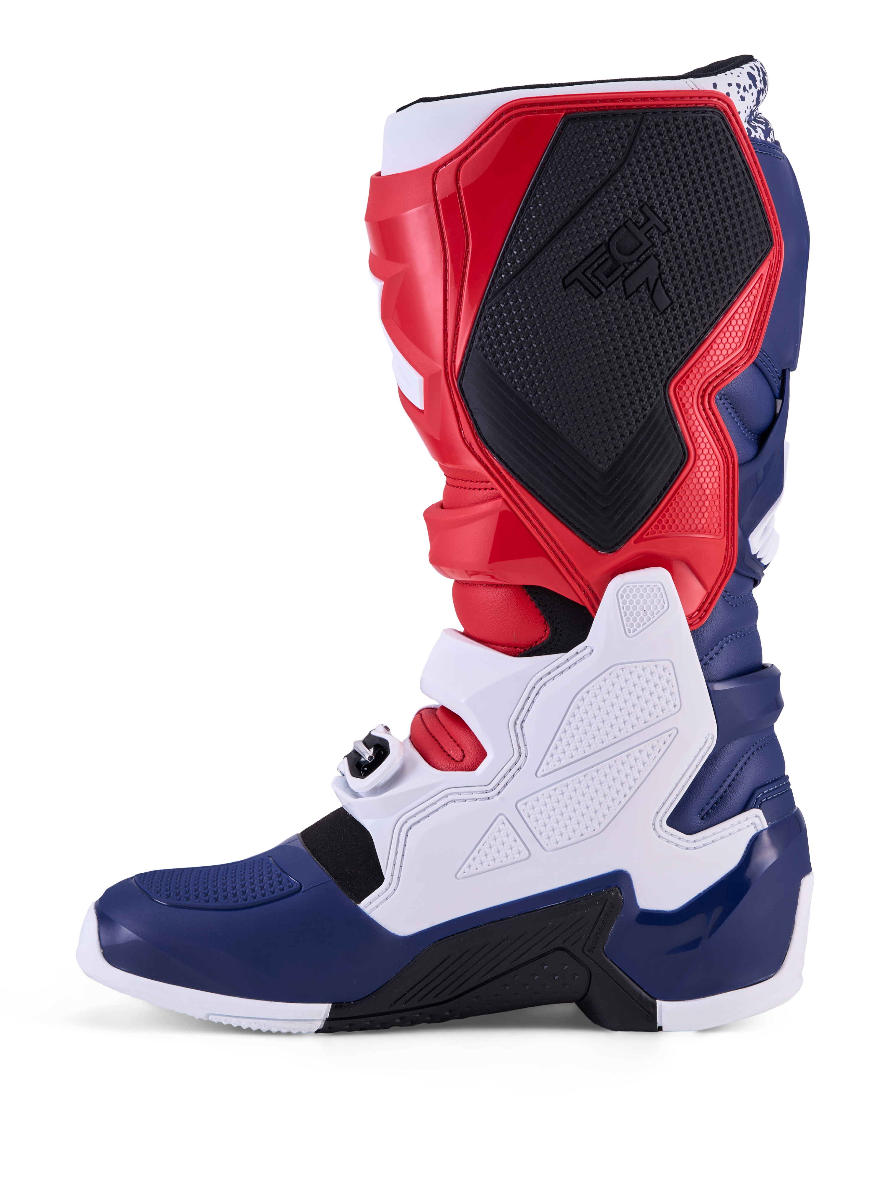 Alpinestars Tech 7 Unity Limited Edition, stivali da motocross rossi, bianchi e blu con pannelli in TPU e fibbie sicure.
