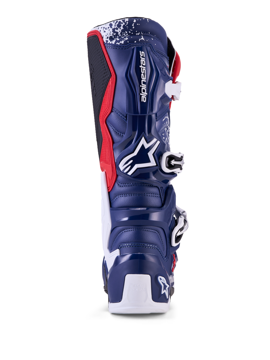 Alpinestars Tech 7 Unity Limited Edition, stivali da motocross blu, rossi e bianchi, vista posteriore con protezione TPU.