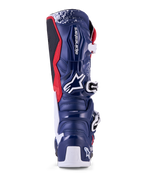 Alpinestars Tech 7 Unity Limited Edition, stivali da motocross blu, rossi e bianchi, vista posteriore con protezione TPU.