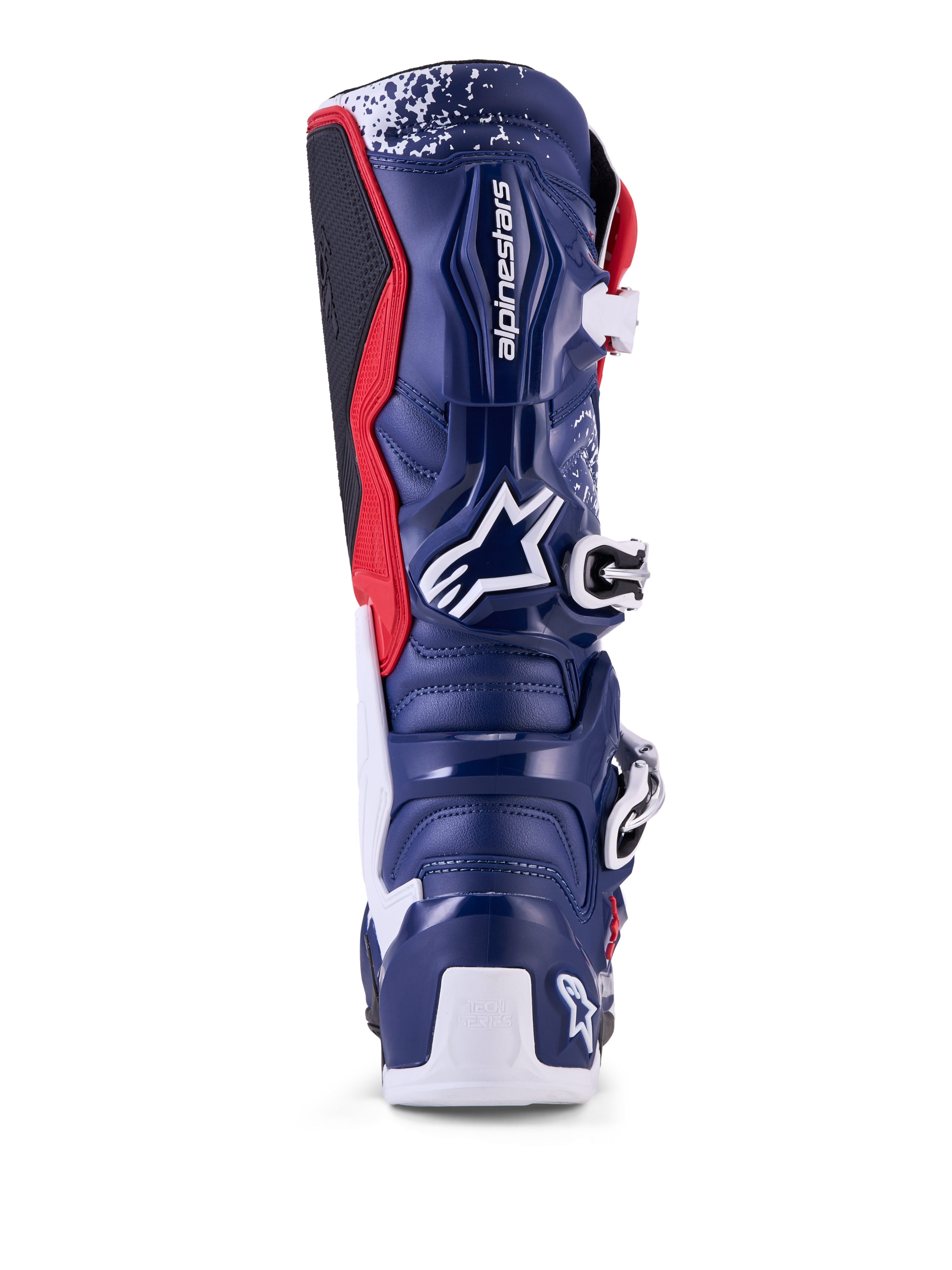 Alpinestars Tech 7 Unity Limited Edition, stivali da motocross blu, rossi e bianchi, vista posteriore con protezione TPU.